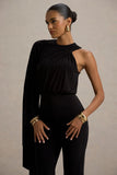Asra Black High Neck Flared Leg Jumpsuit With Cape Sleeve