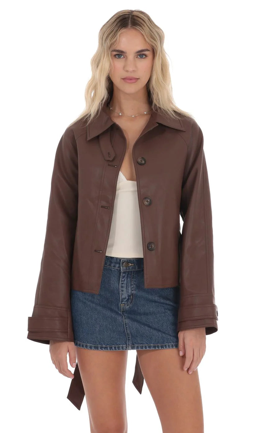 Belted Faux Leather Jacket in Black