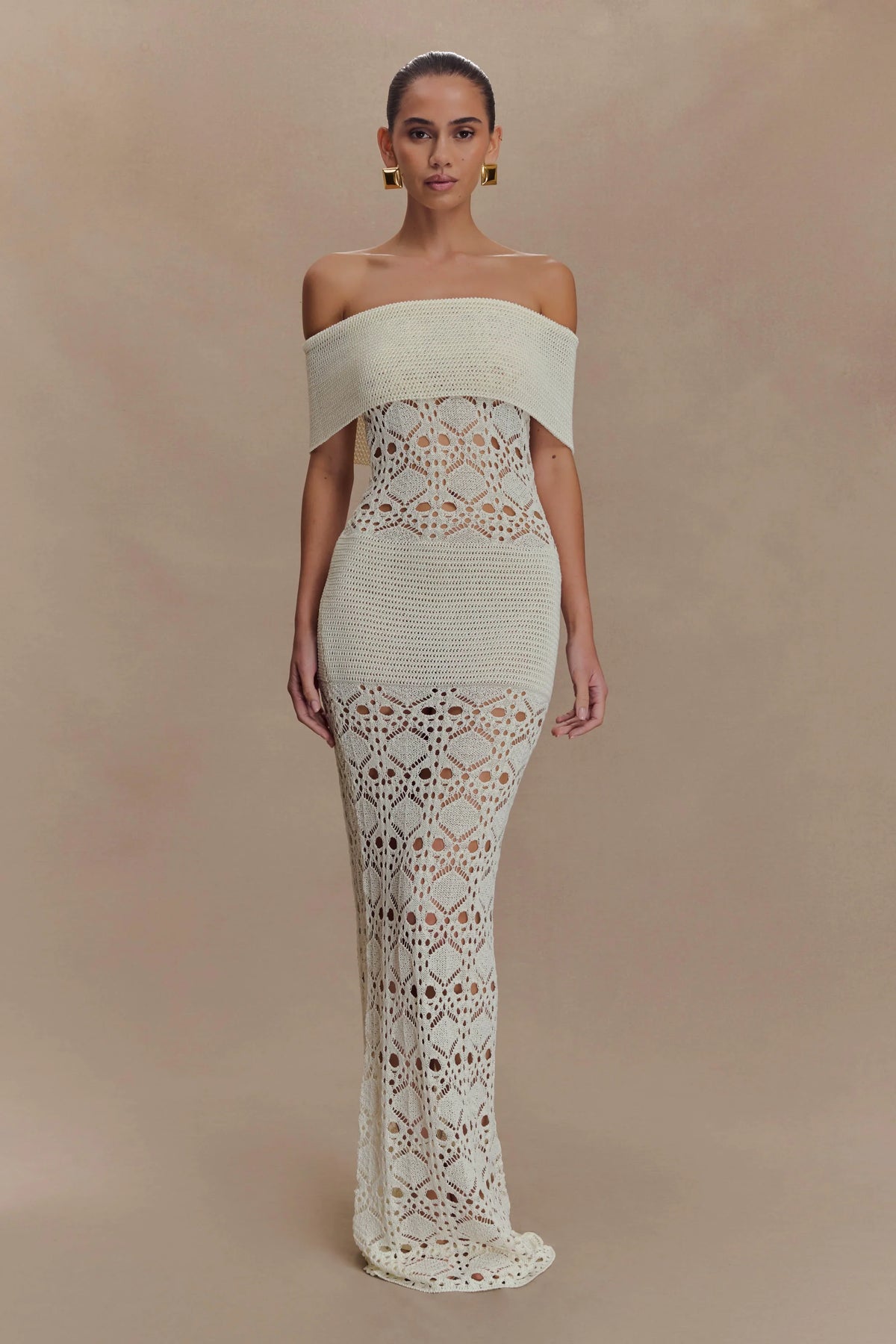 Solstice Off Shoulder Crochet Knit Maxi Dress Ivory