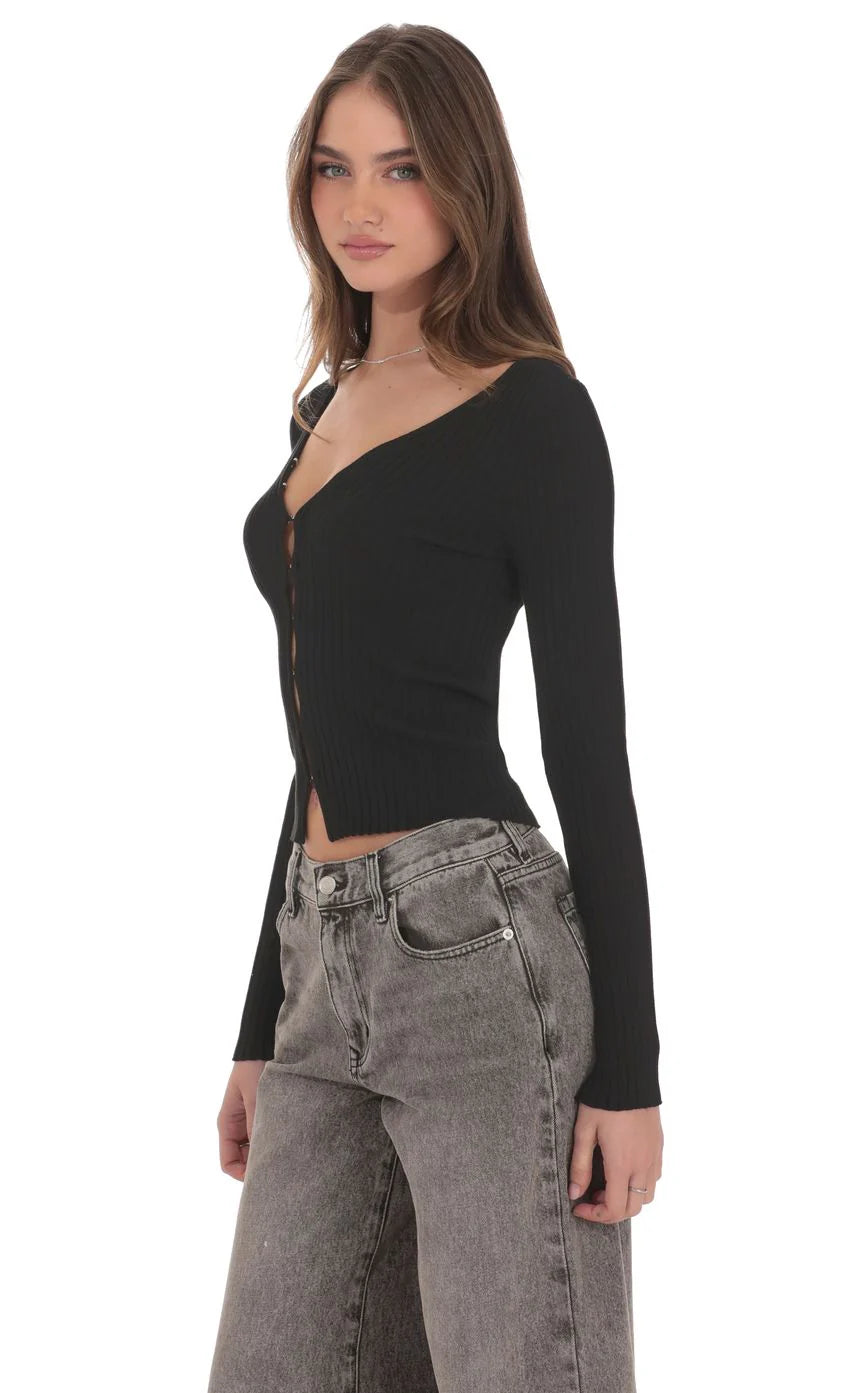 Ribbed Hook and Eye Cardigan in Black
