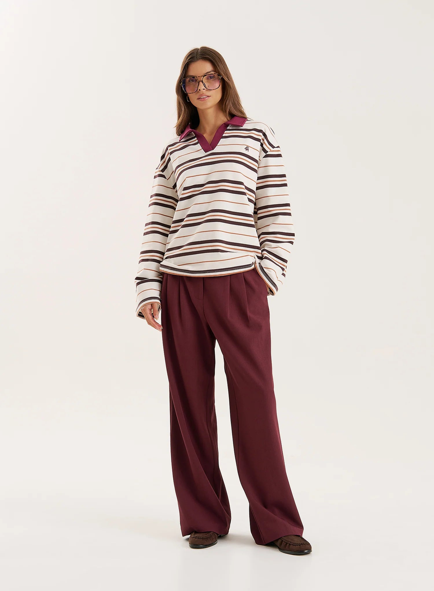 Cream And Chocolate Stripe Contrast Collar Rugby Top