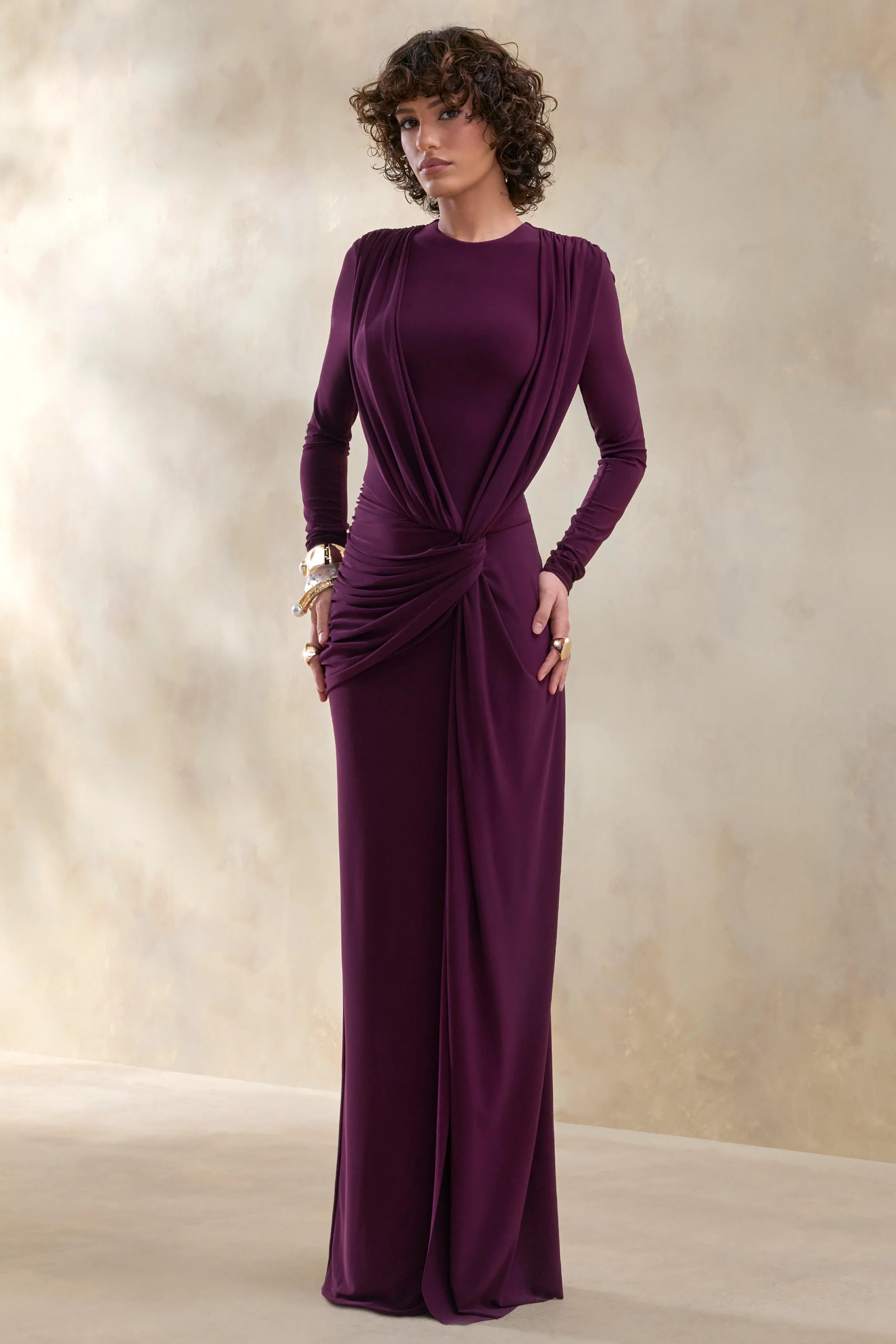 Desirelle Plum Crew Neck Maxi Dress With Gathered Detailing