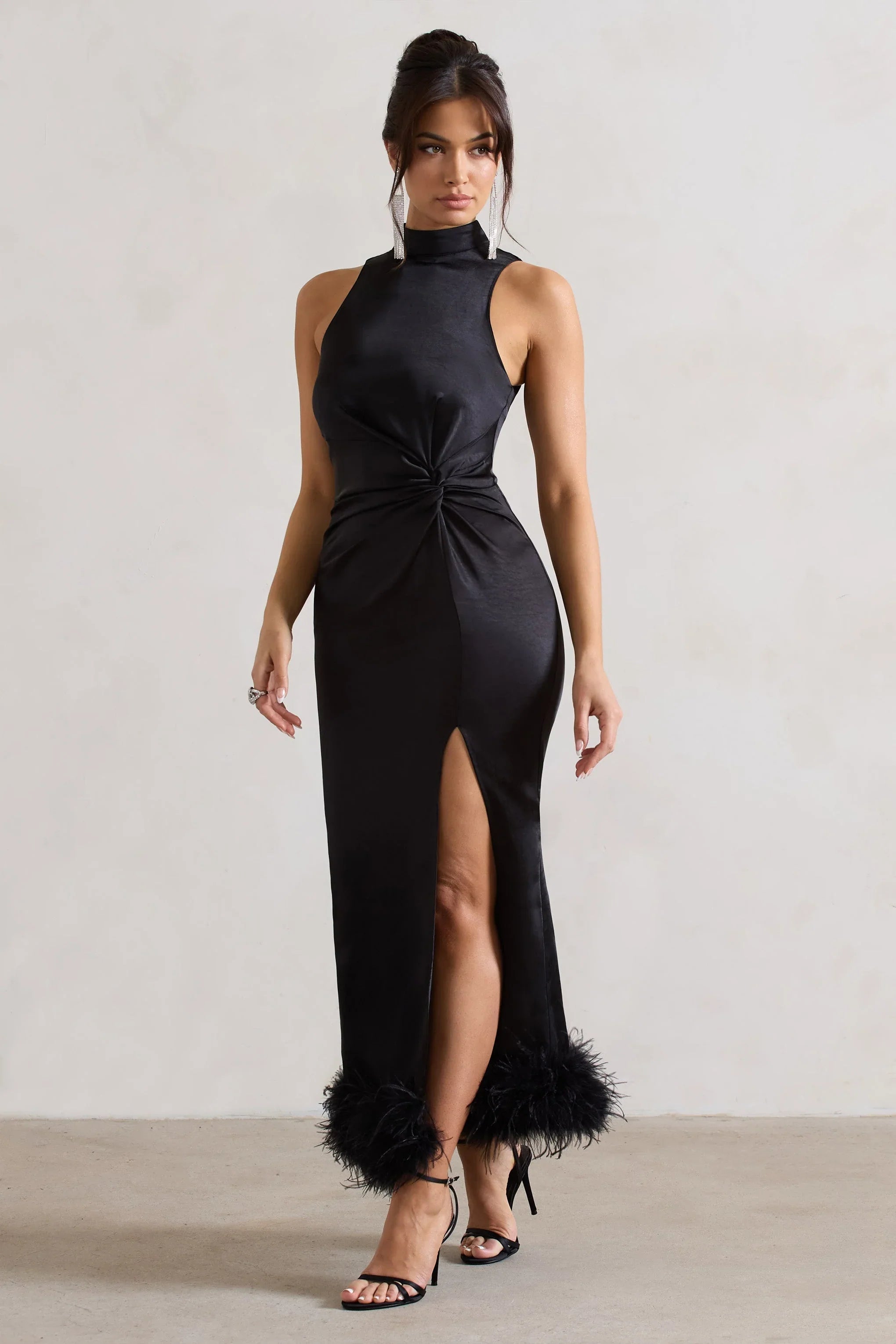 Zoe Black Satin Twist Split Maxi Dress With Feather Trim