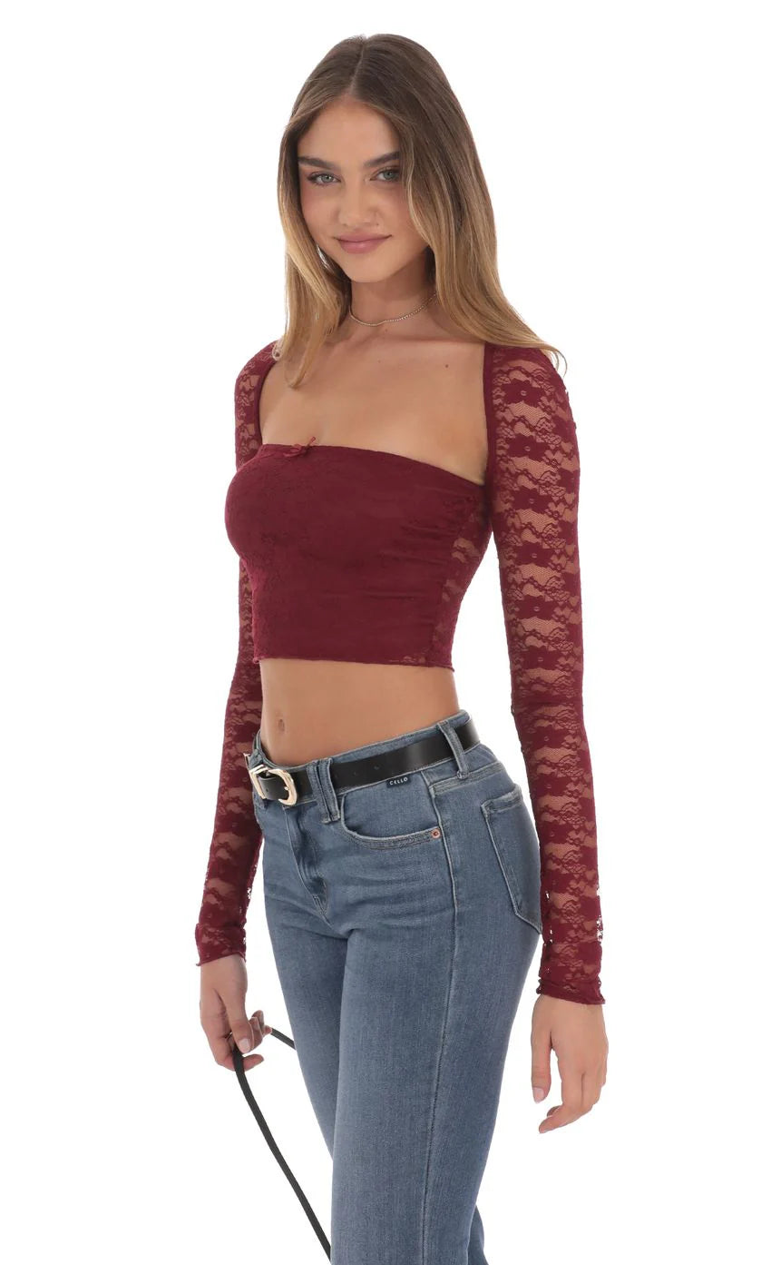 Lace Long Sleeve Top in Burgundy