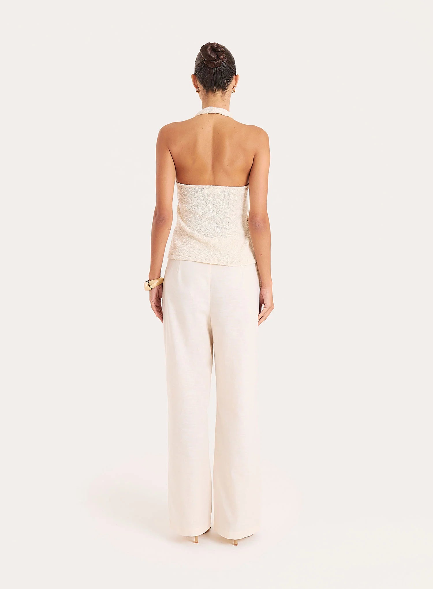 Cream Boucle Knit Draped Waist Sleeveless Top