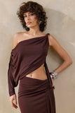 Layla Brown Asymmetric Neck Wrap Maxi Dress With Body Cut Out And Ruched Detailing