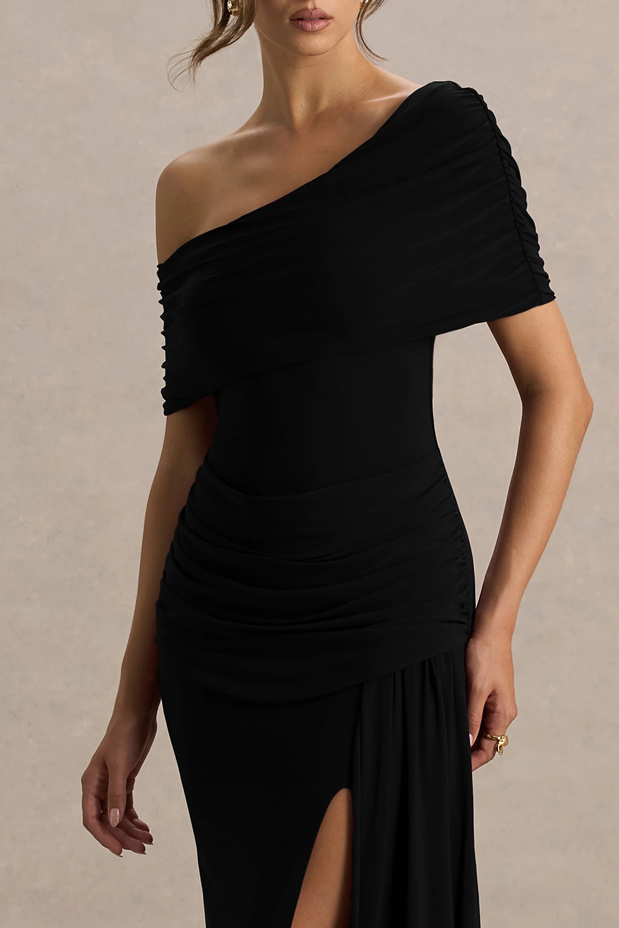 Dynasty Black Asymmetric Neck Maxi Dress With Ruched Detailing And Front High Split