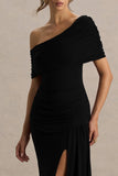Dynasty Black Asymmetric Neck Maxi Dress With Ruched Detailing And Front High Split
