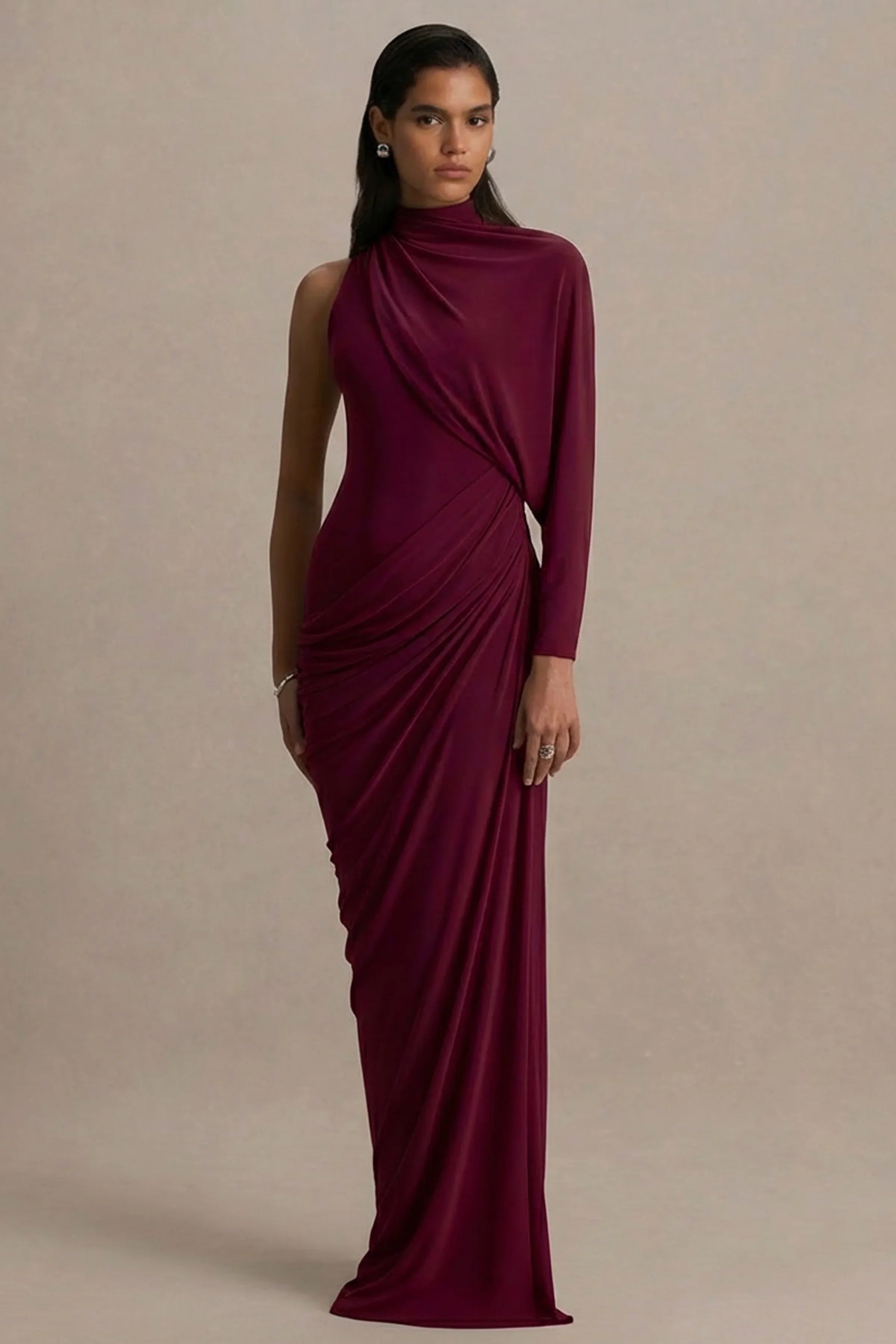Aphra Burgundy High Neck Maxi Dress With Cape Sleeve