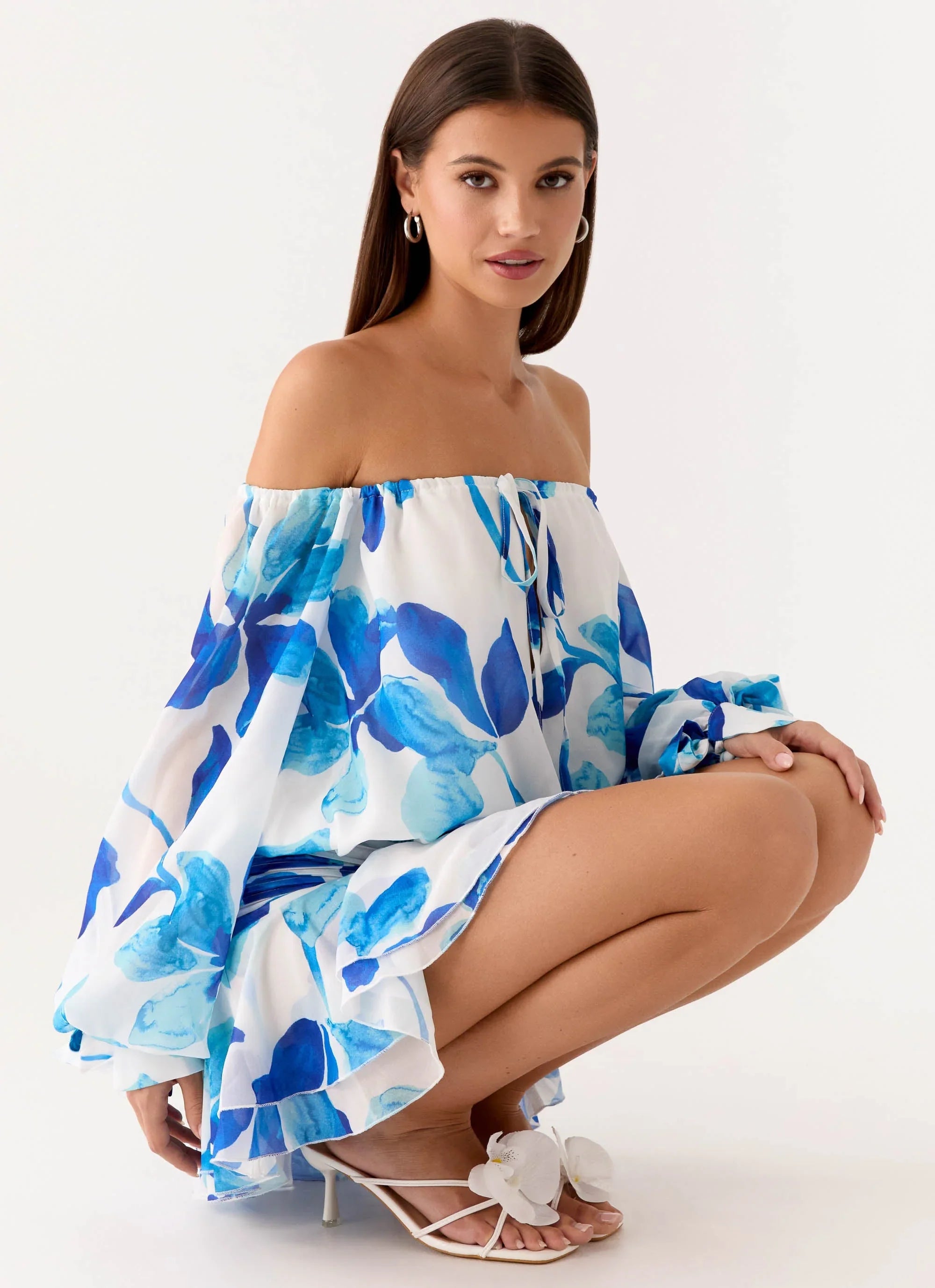 Eira Balloon Sleeve Mini Dress Cerulean Bloom