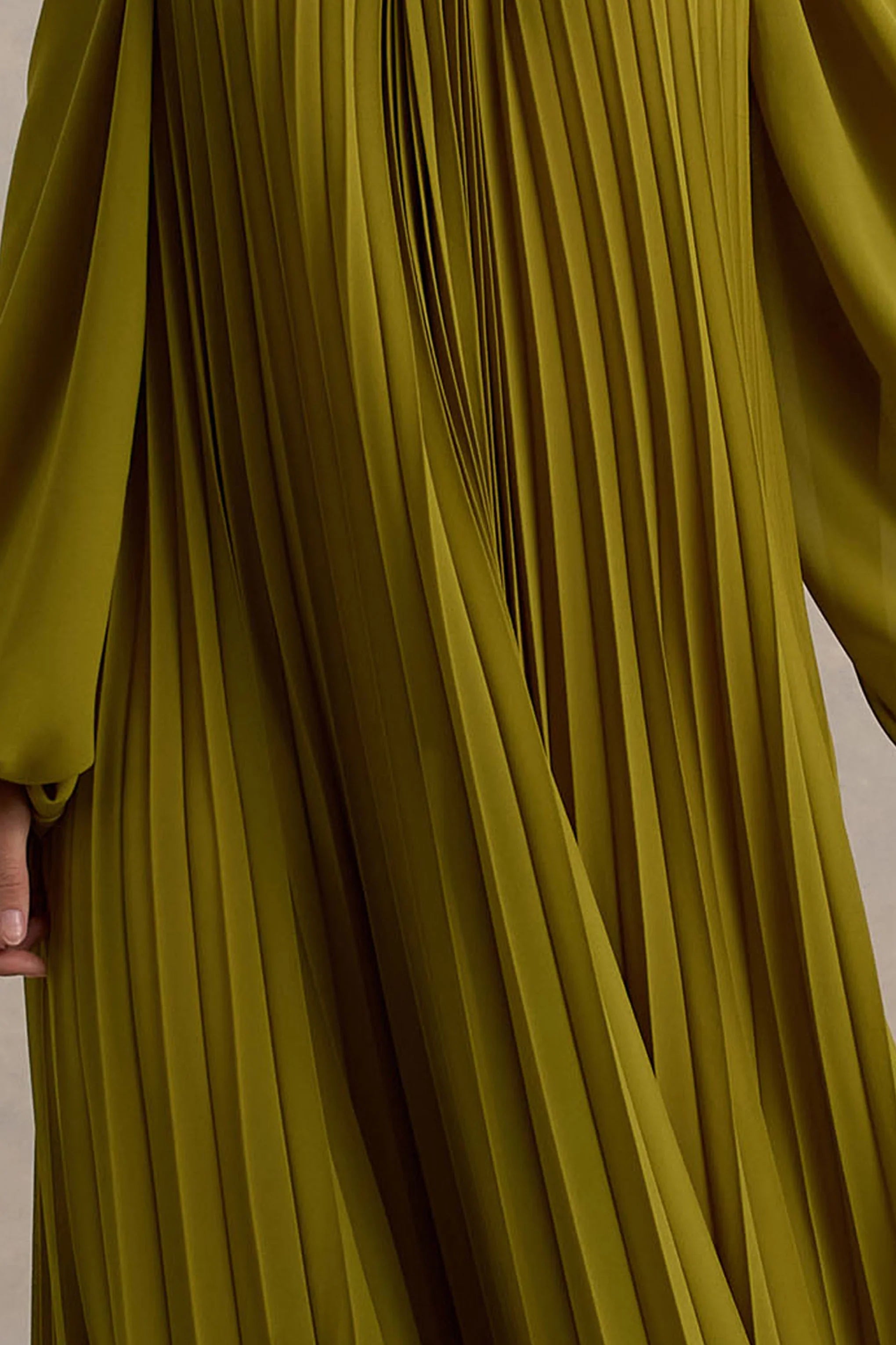 Reyna Olive Pleated Chiffon Cold Shoulder Maxi Dress
