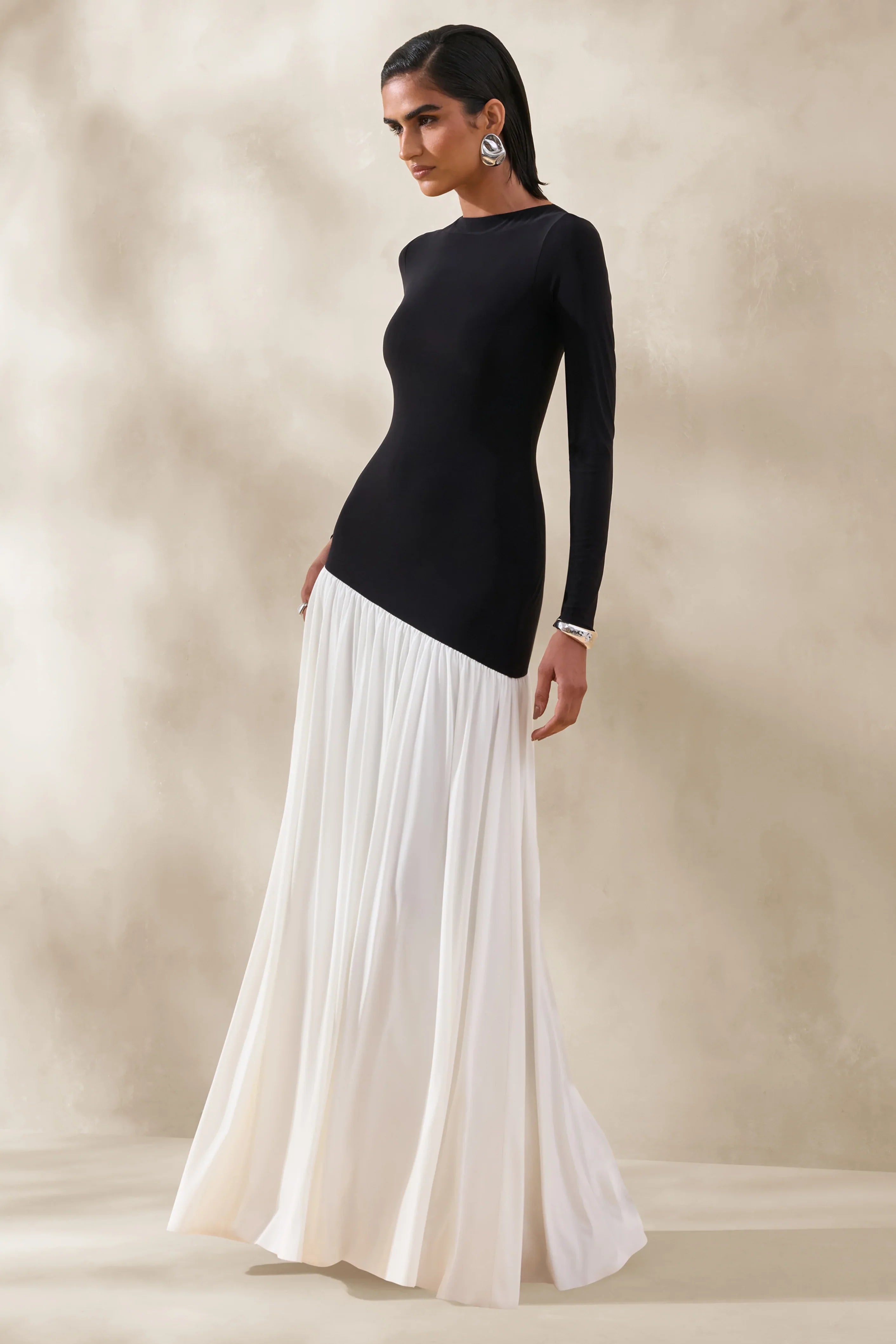 Jasira Black White Crew Neck Maxi Dress With Asymmetric Drop Waist