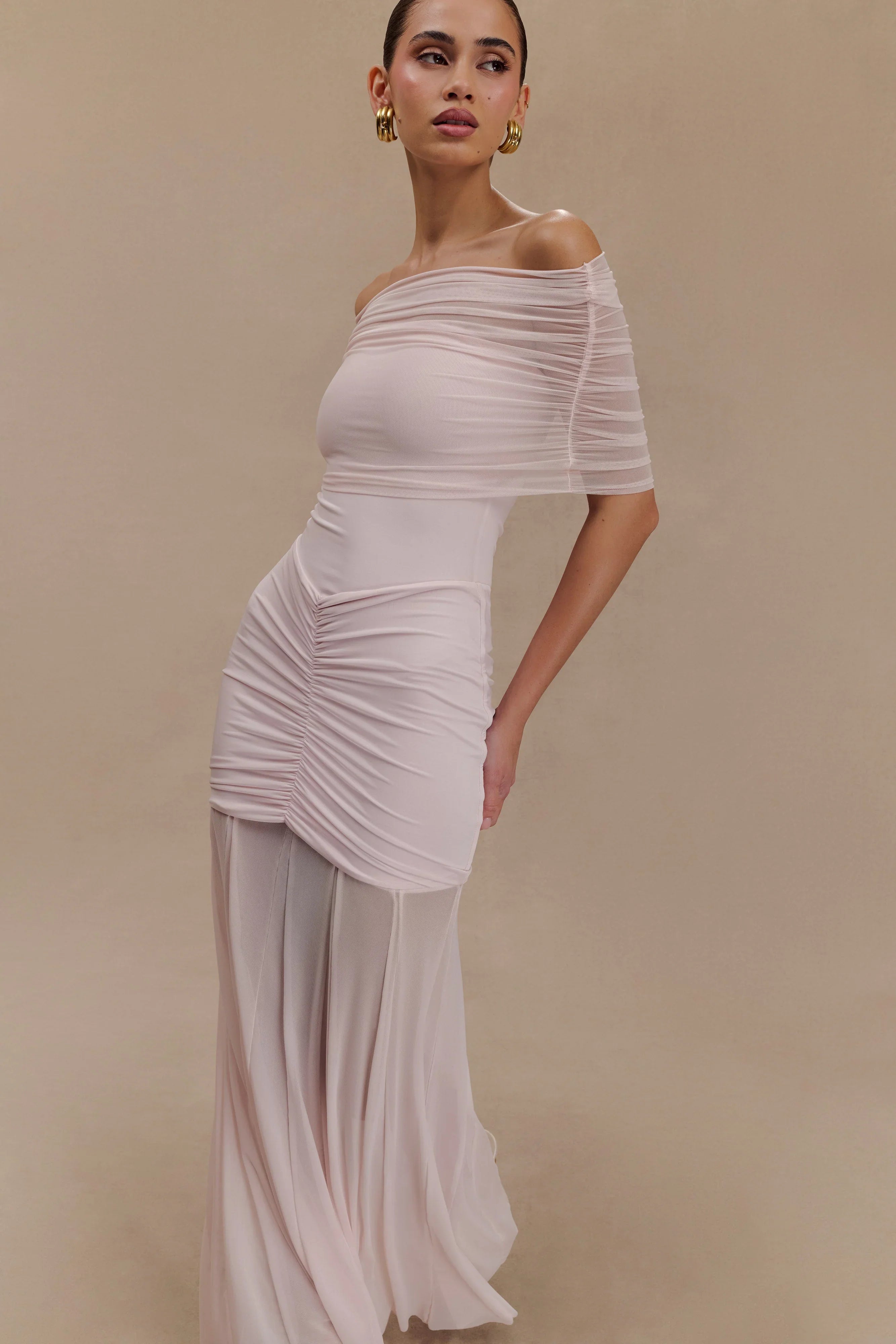 Caspian Slinky And Mesh Off Shoulder Maxi Dress Pale Pink