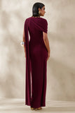 Palomara Burgundy Round Neck Maxi Dress With Sash And Front High Split