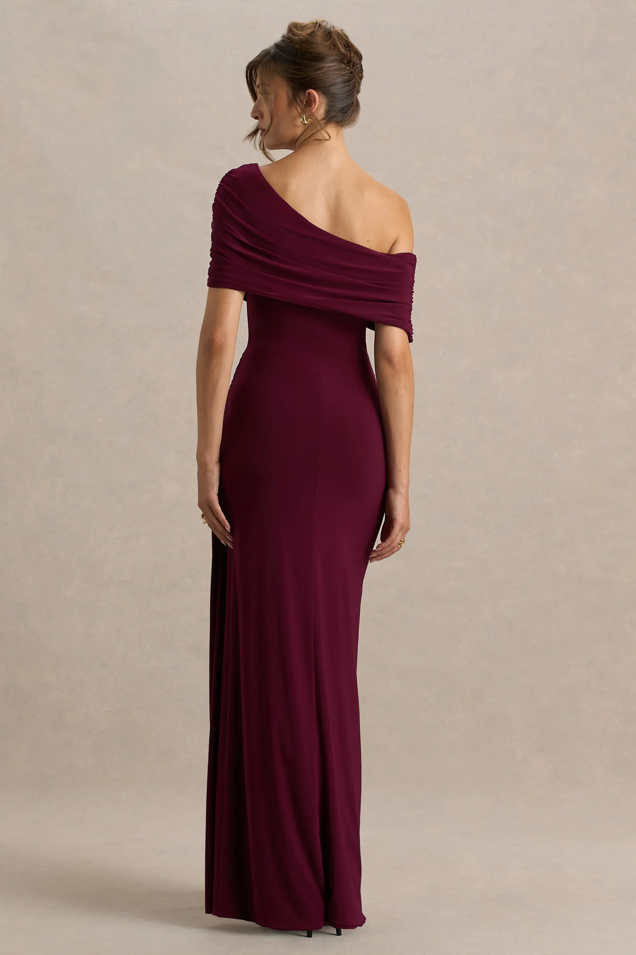 Dynasty Burgundy Asymmetric Neck Maxi Dress With Ruched Detailing And Front High Split