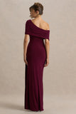 Dynasty Burgundy Asymmetric Neck Maxi Dress With Ruched Detailing And Front High Split