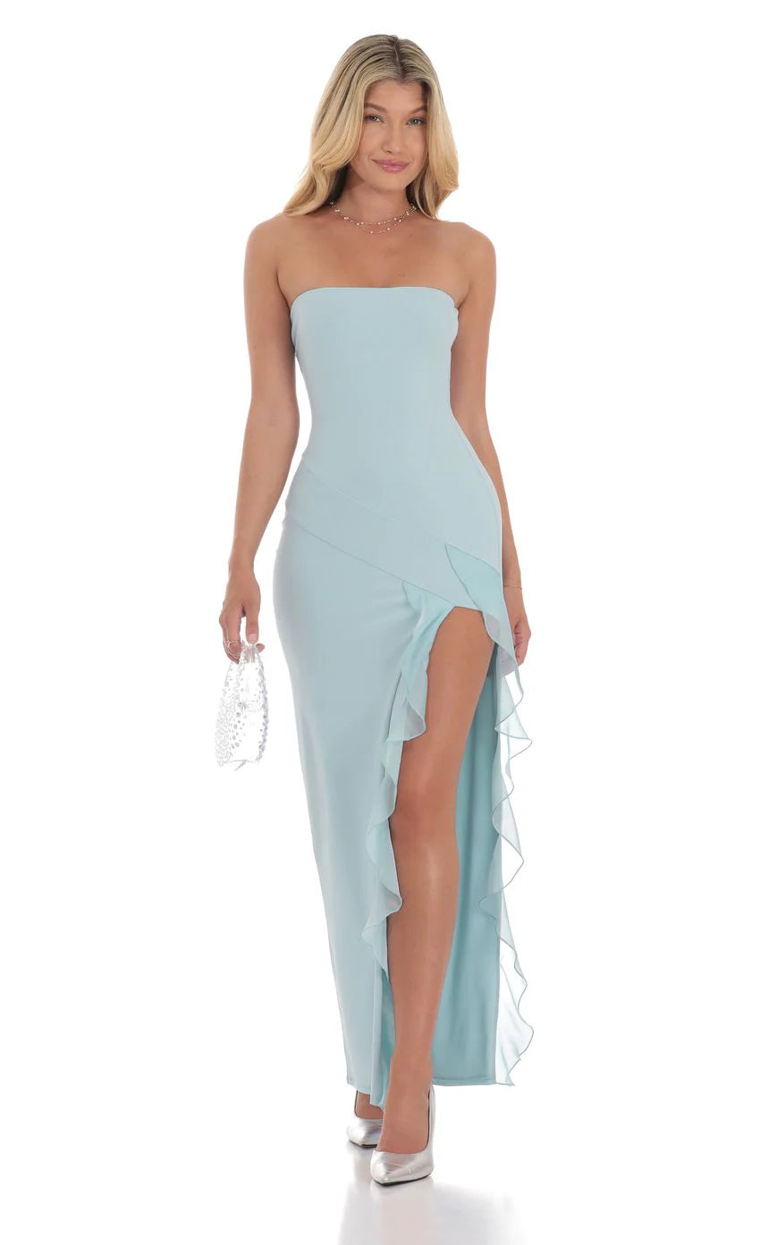 Strapless Ruffle Slit Dress in Blue