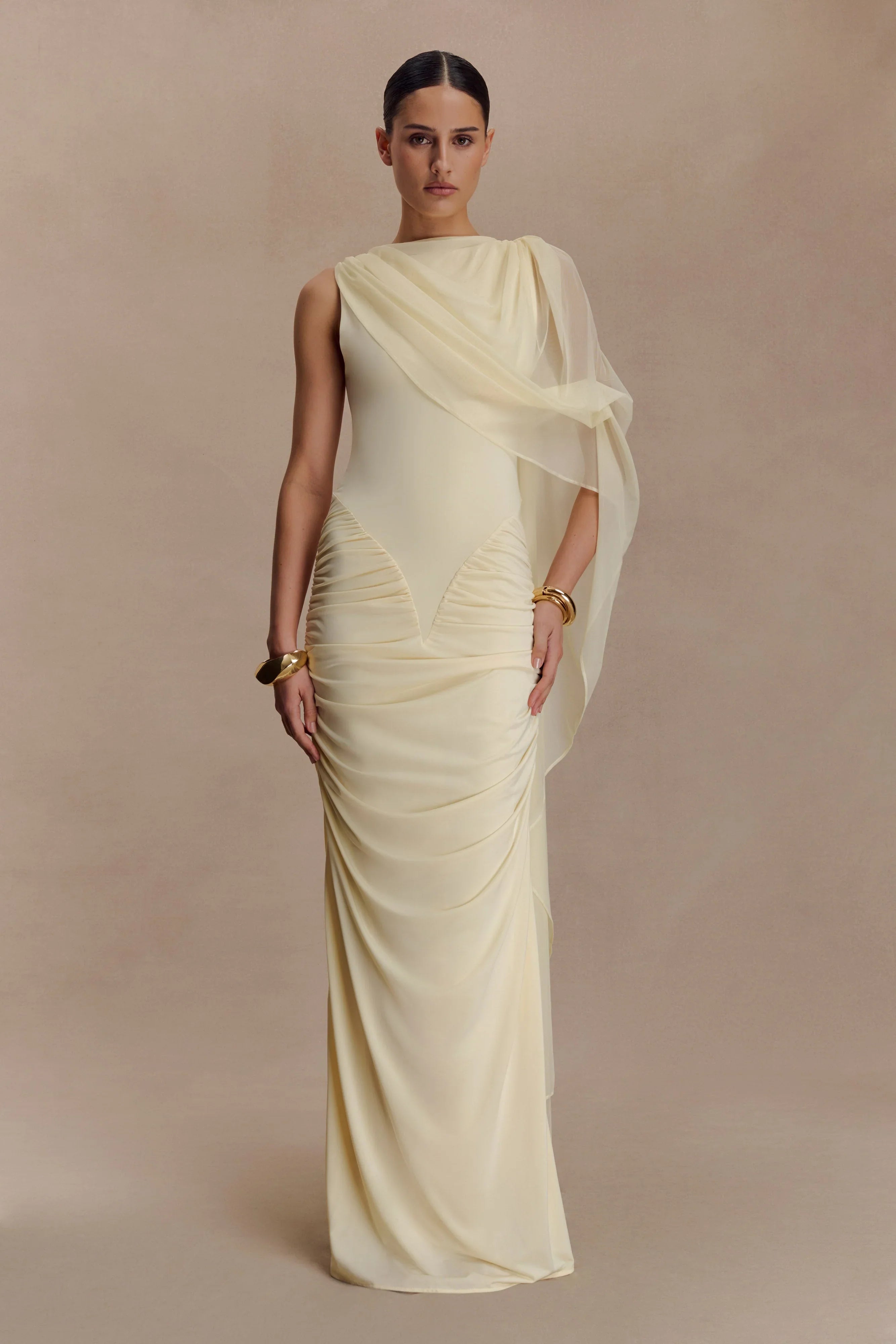 Amandine Ruched Slinky Maxi Dress Lemon