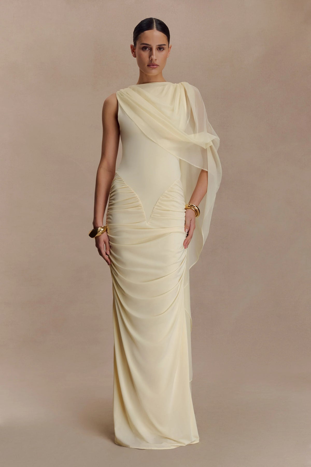 Amandine Ruched Slinky Maxi Dress Lemon