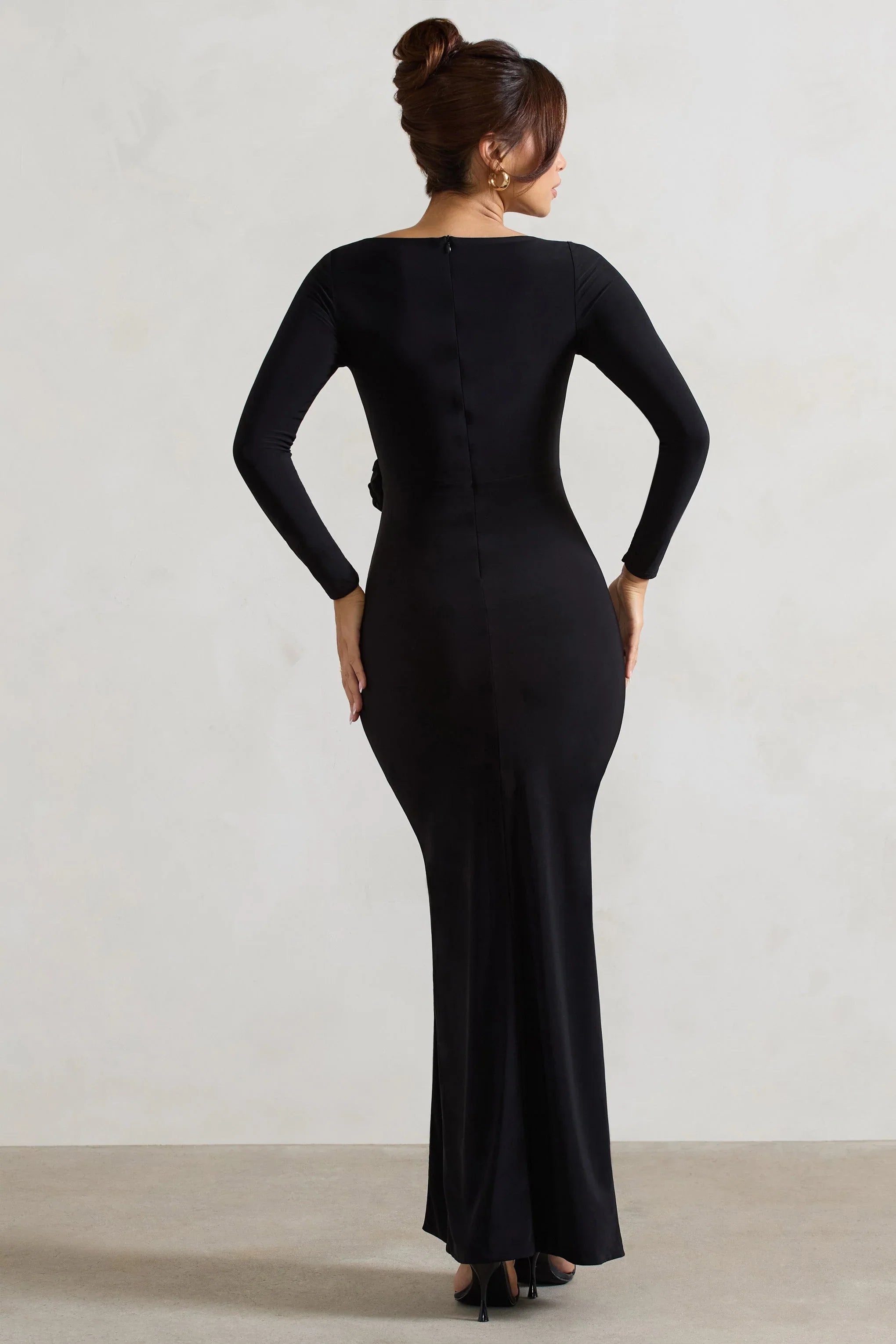 Makayla Black Long Sleeve Wrap Maxi Dress With Corsages
