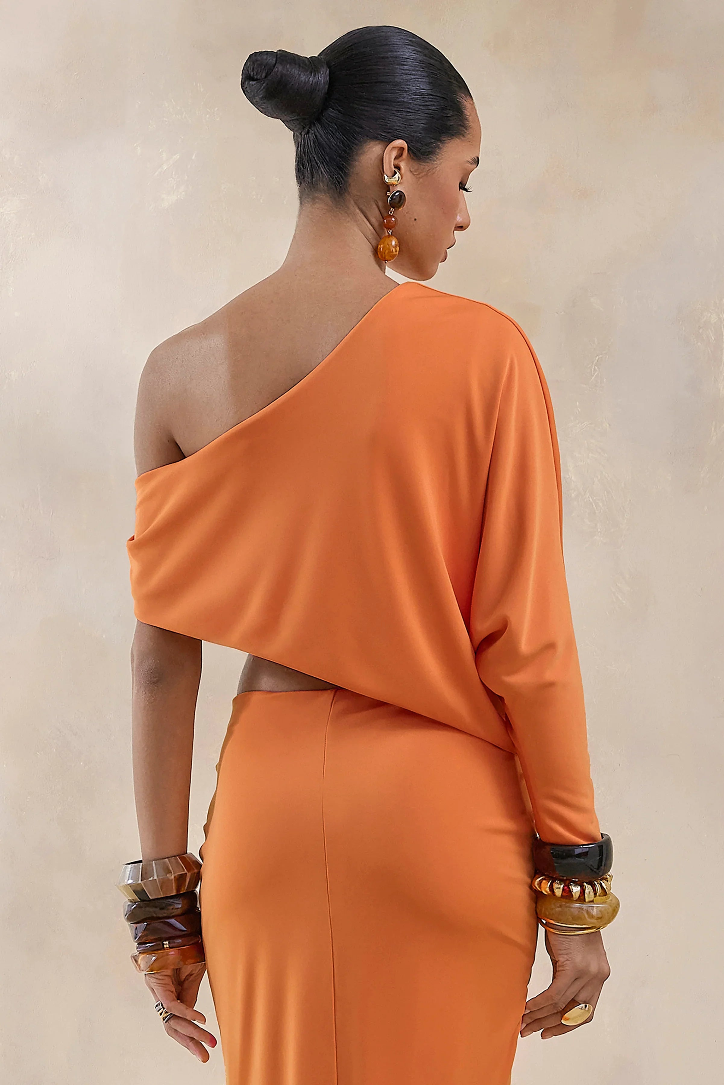 Dua Orange Asymmetric One Sleeve Draped Top