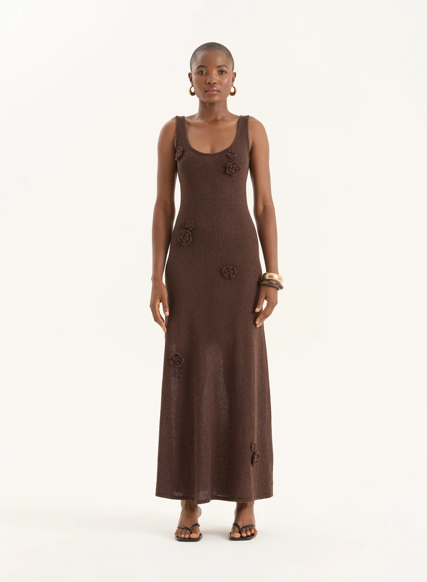Brown Crochet Flower Detail Knitted Maxi Dress