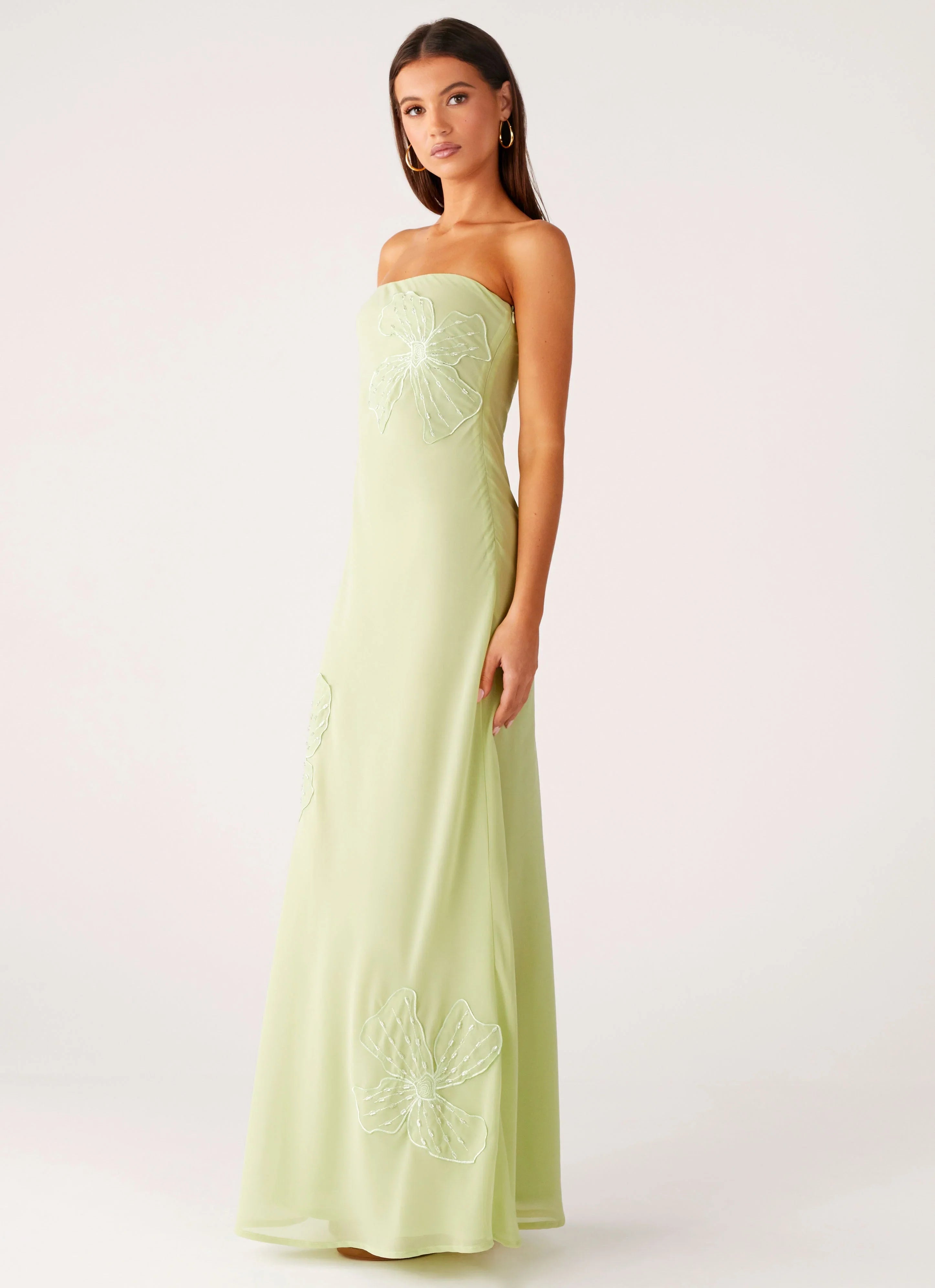 Sassafras Beaded Flower Strapless Maxi Dress Lime