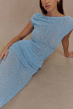 Chloe Off Shoulder Boucle Knit Top Light Blue