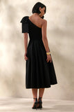 Meria Black Asymmetric Neck Midi Dress With Bow Sleeve