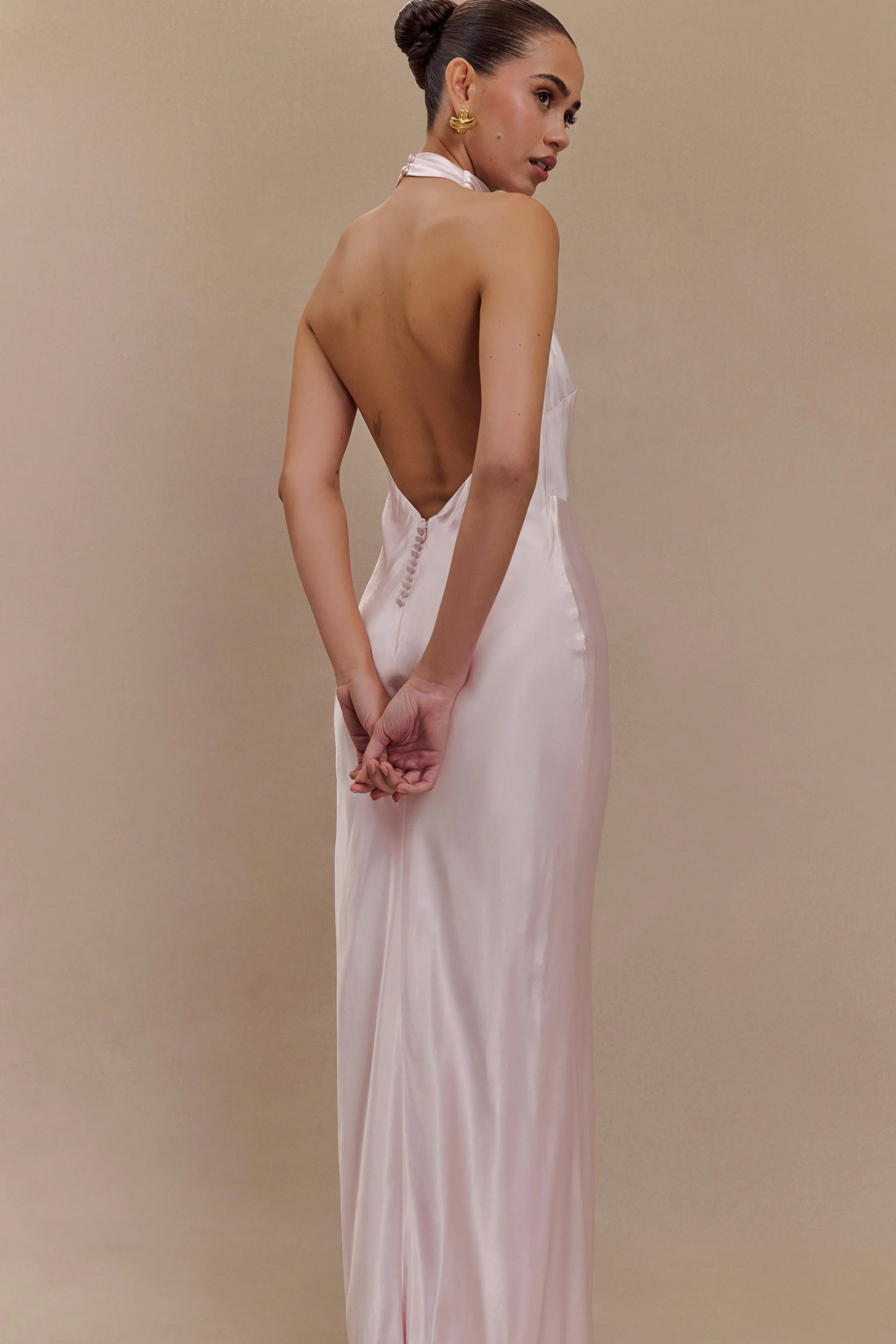 Esther Iridescent Satin Cowl Maxi Dress Pale Pink