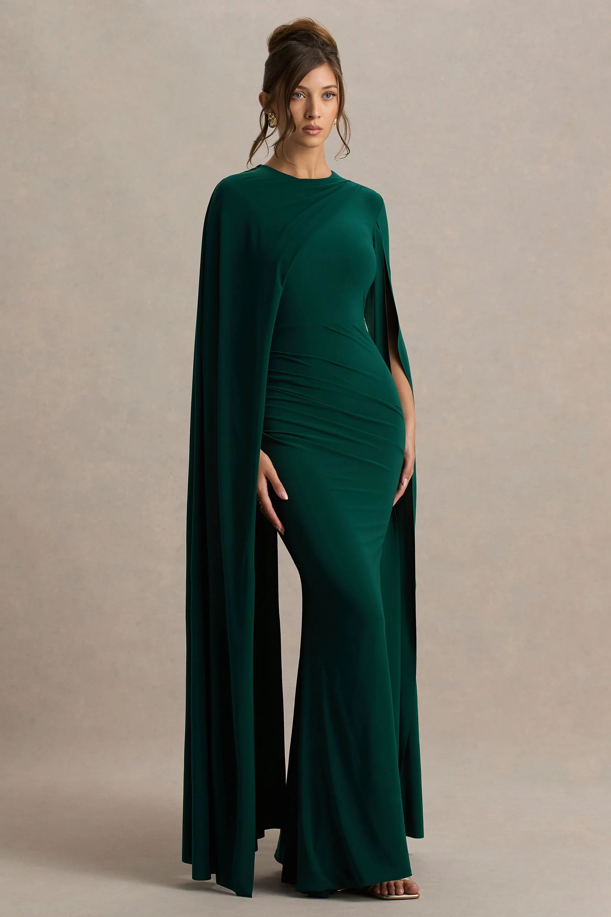 Magdelena Bottle Green Asymmetric Cape Maxi Dress