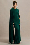 Magdelena Bottle Green Asymmetric Cape Maxi Dress