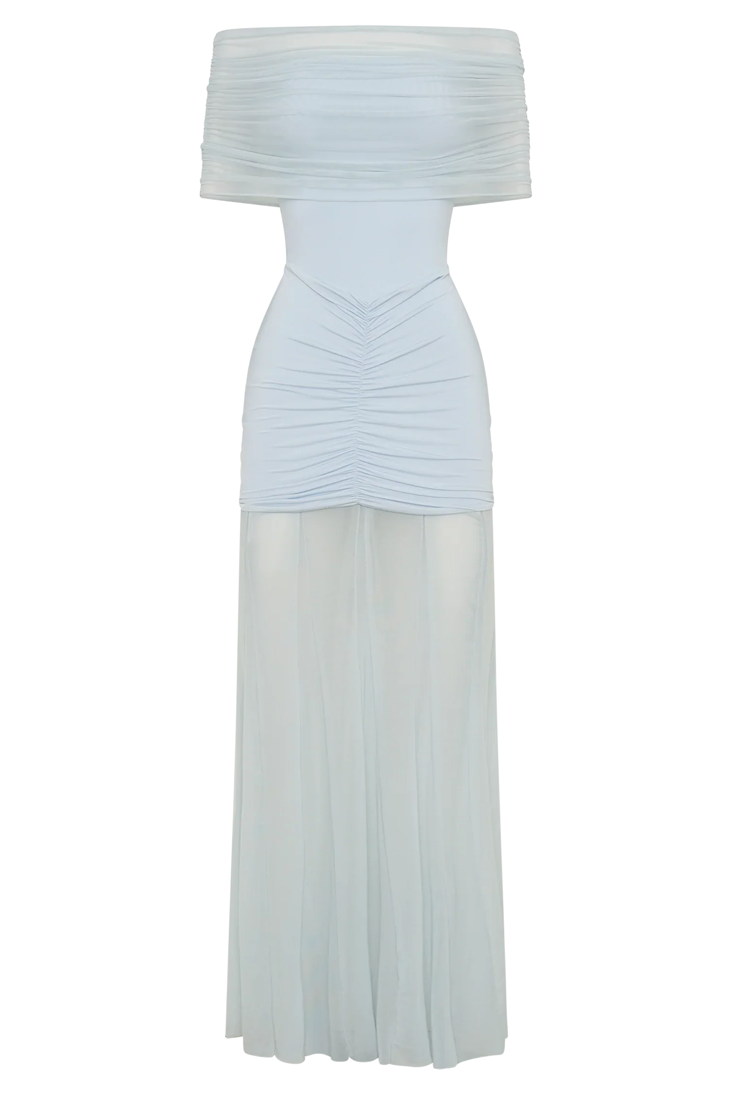 Caspian Slinky And Mesh Off Shoulder Maxi Dress Pale Blue