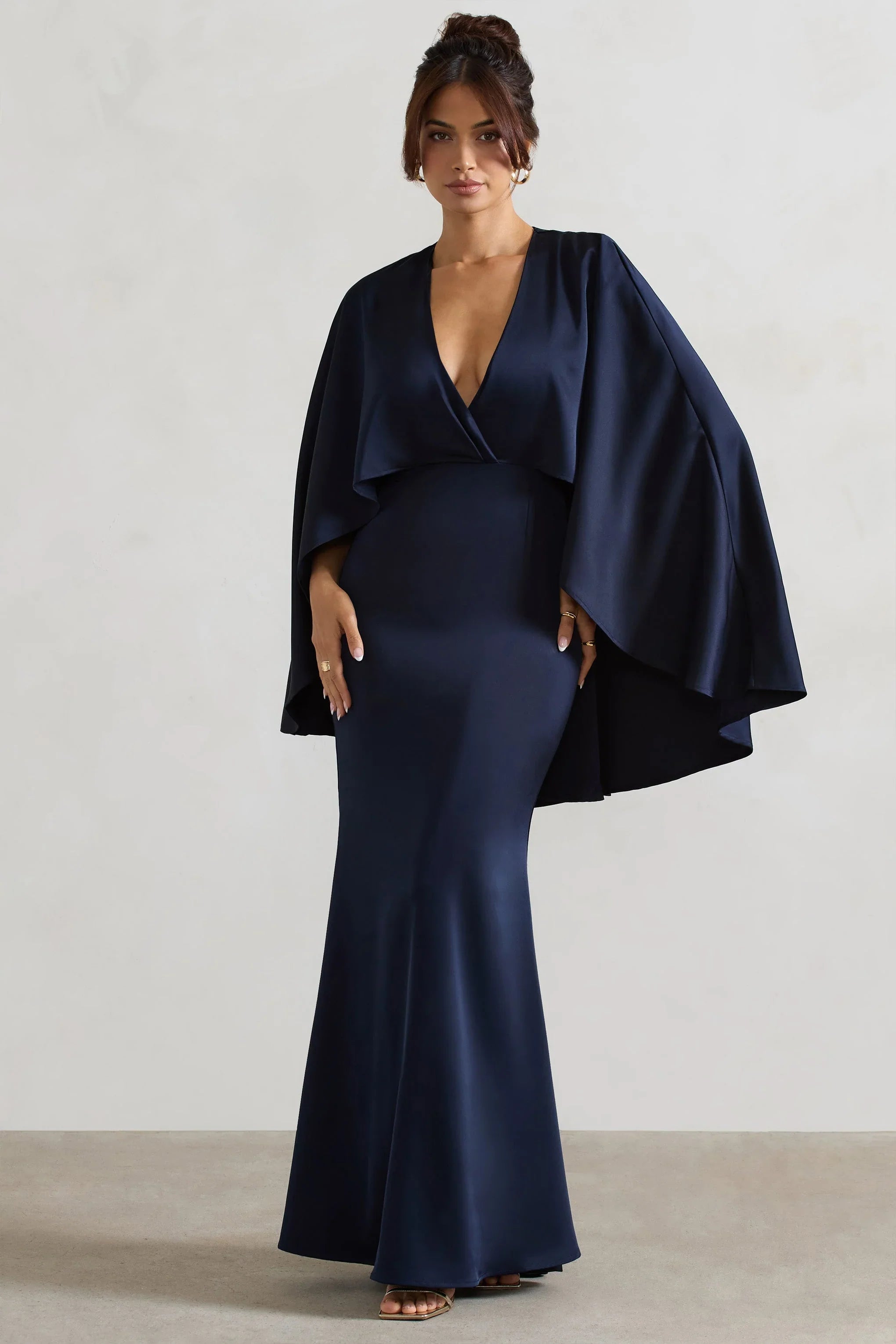 Yasie Navy Satin Plunge Neck Maxi Dress With Cape Sleeves