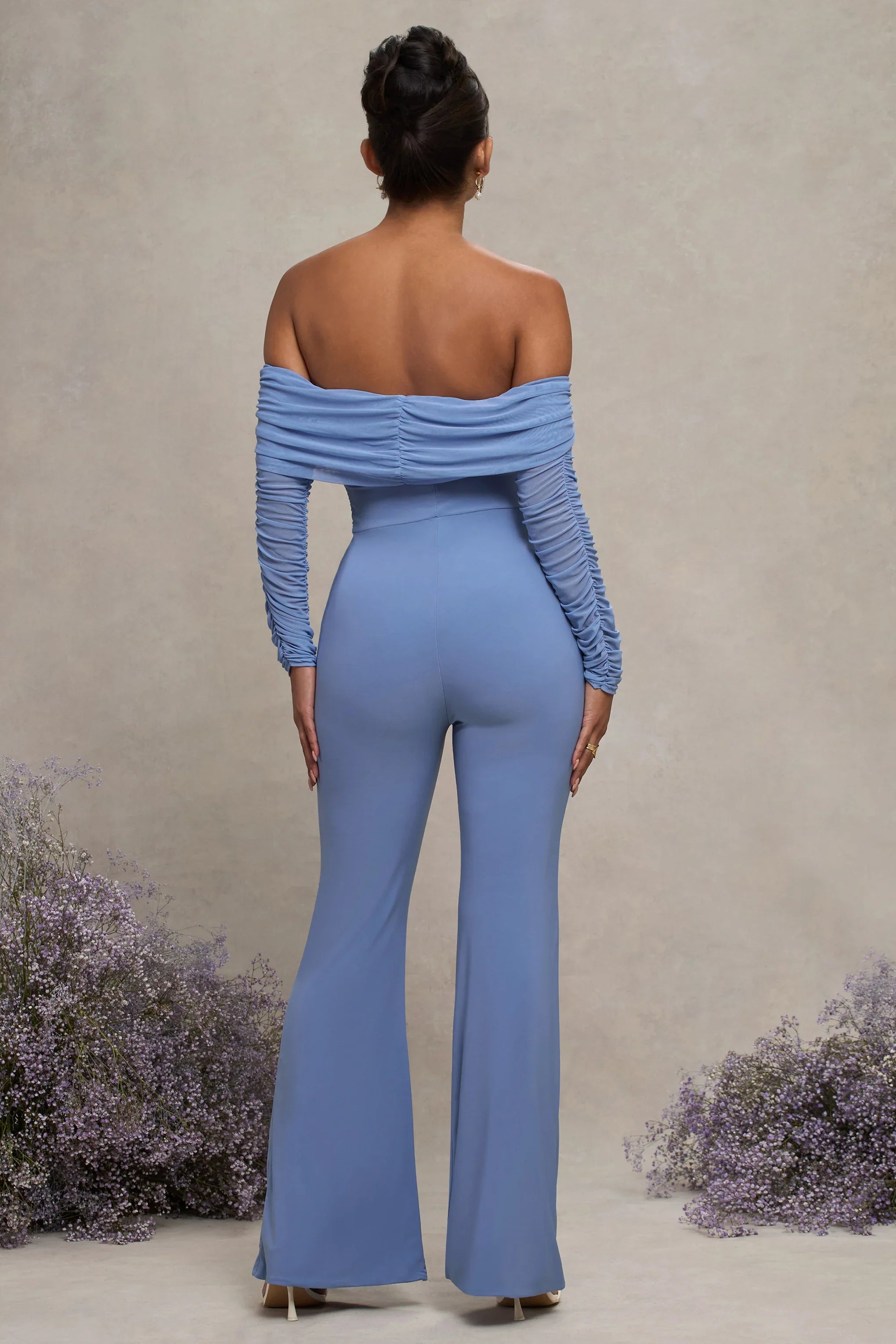 Count Down Powder Blue Maternity Ruched Mesh Bardot Jumpsuit
