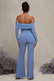 Count Down Powder Blue Maternity Ruched Mesh Bardot Jumpsuit