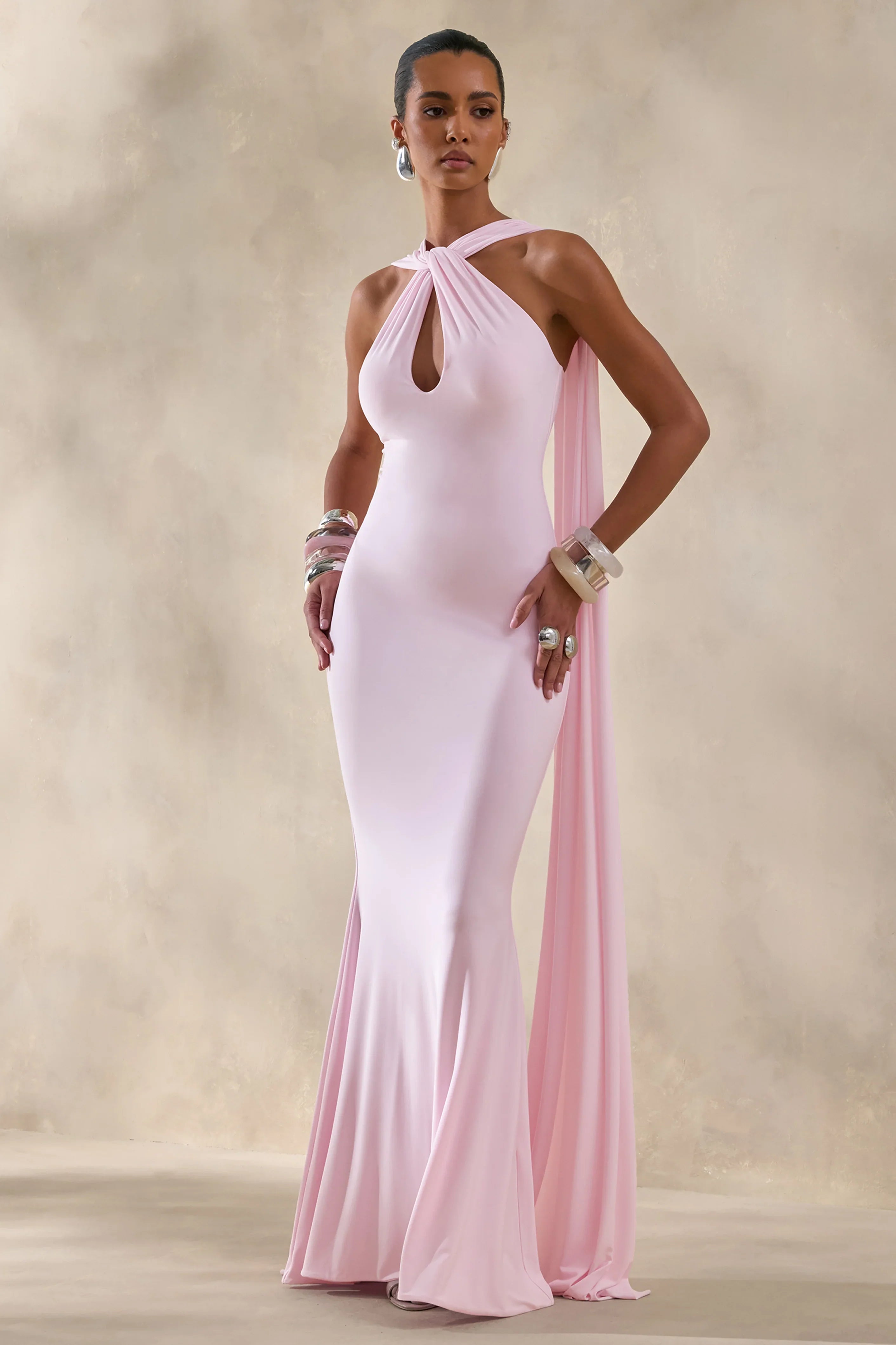 Rhoda Light Pink Twist Halter Neck Cape Maxi Dress