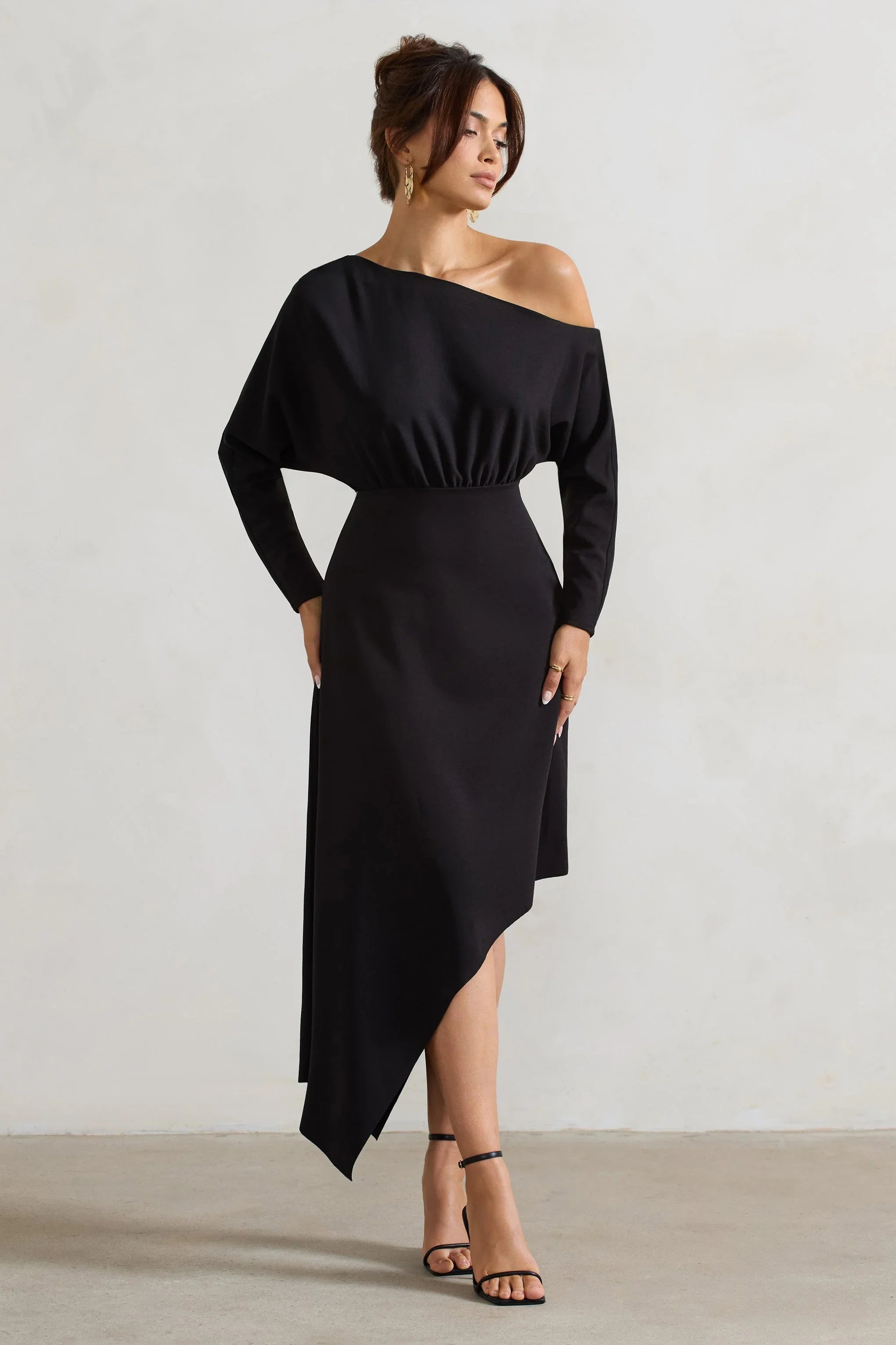 Lori Black Asymmetric Long Sleeve Maxi Dress
