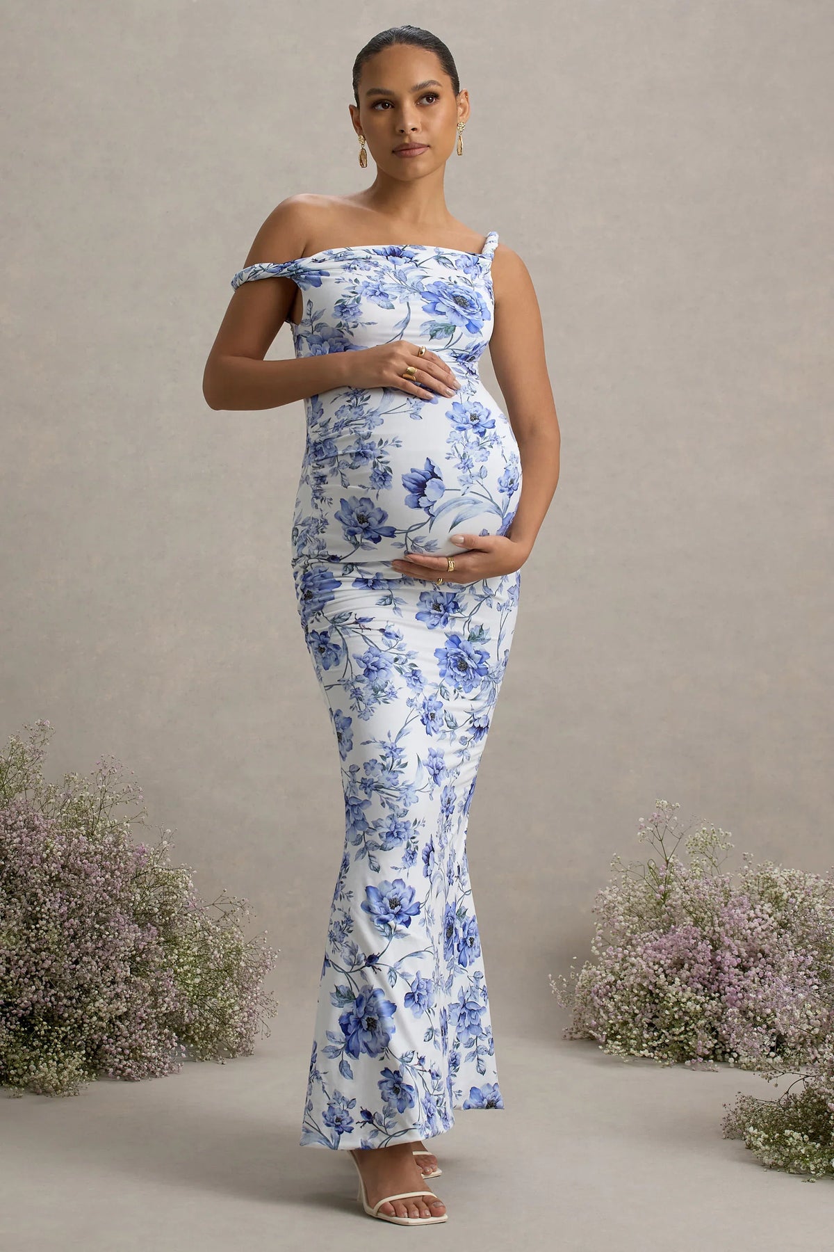 Lita Blue Floral Print Twisted Asymmetric Maternity Maxi Dress