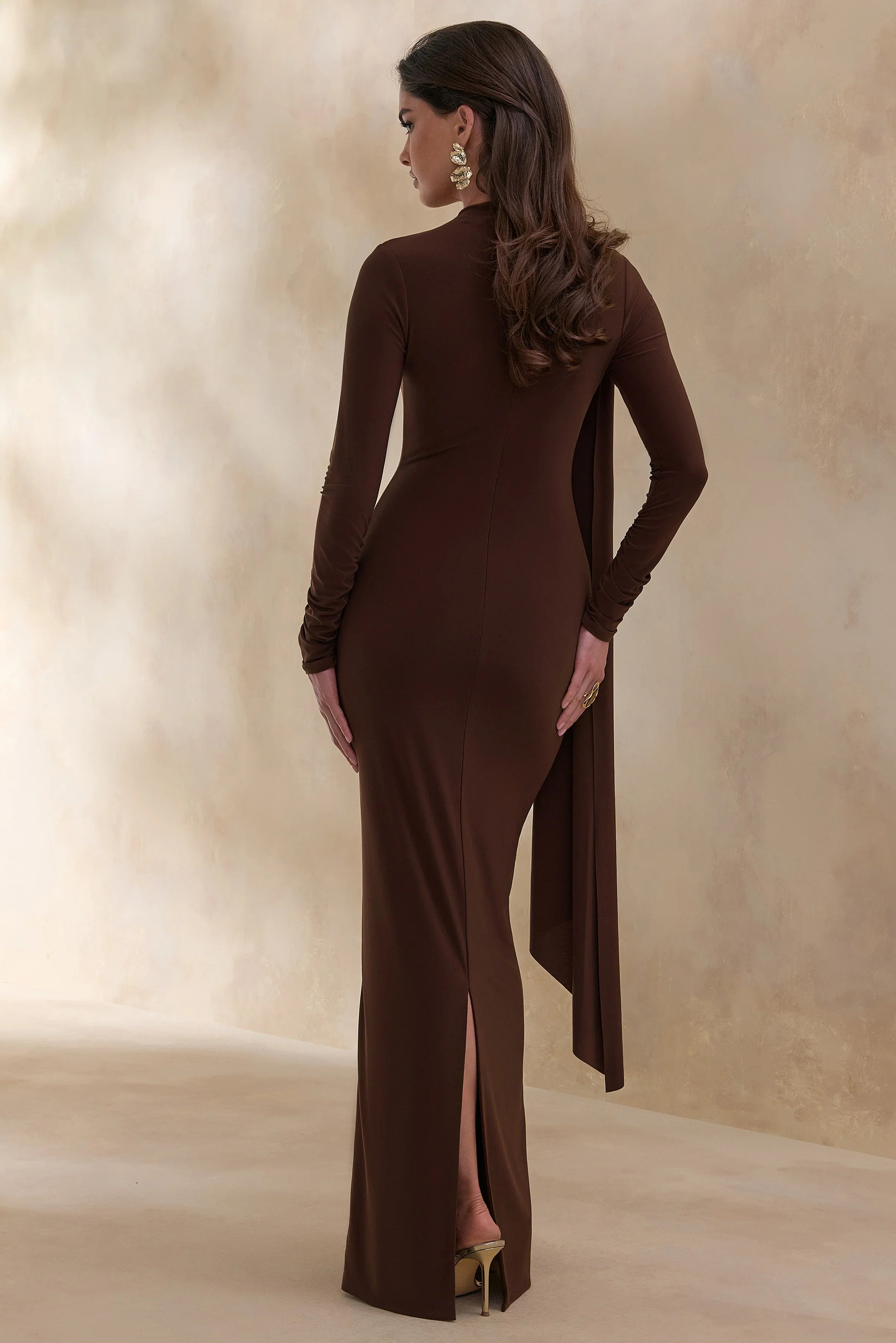 Amaria Brown High Neck Maxi Dress With Sash Detail