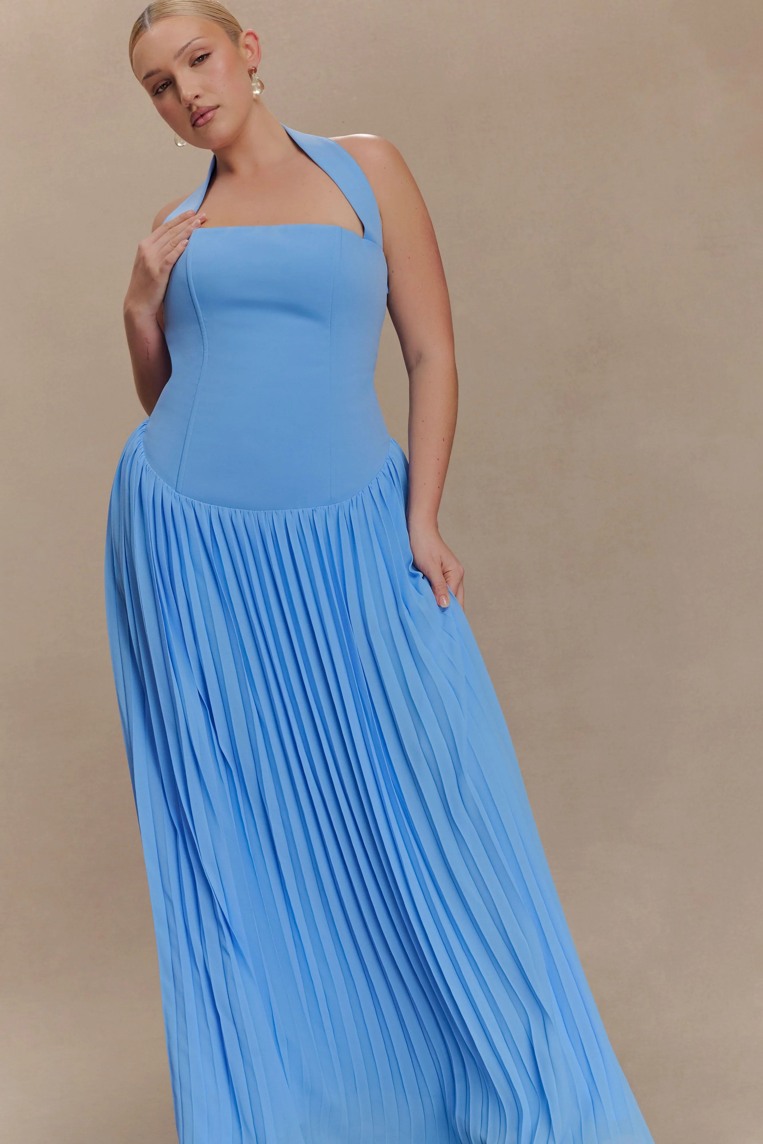 Stacie Pleated Halter Maxi Dress Bright Blue