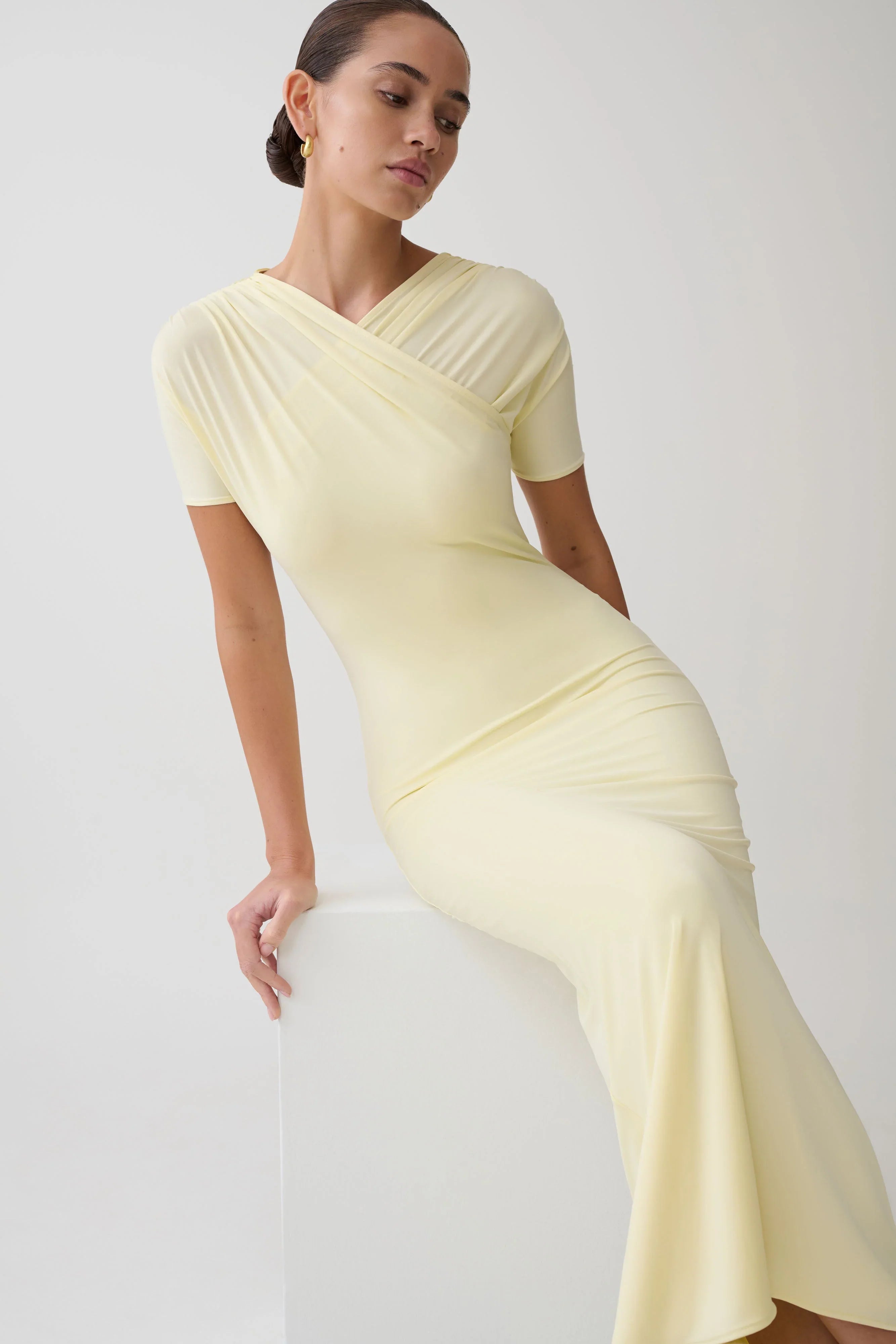 Junie Cross Over Neck Slinky Maxi Dress Lemon