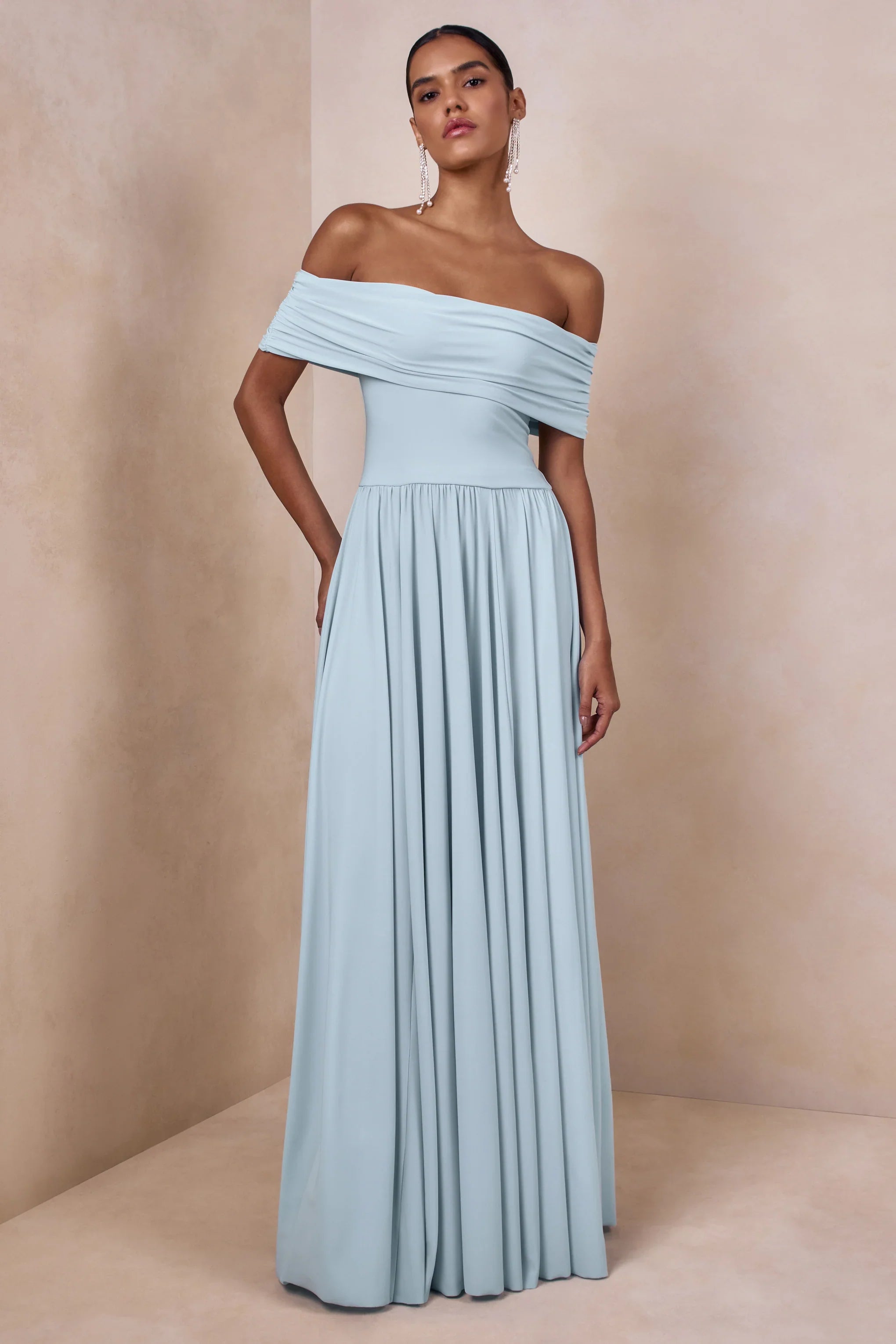 Cindie Powder Blue Bardot Neck Maxi Dress