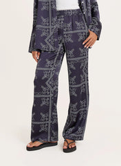 Navy Paisley Print Satin Trousers
