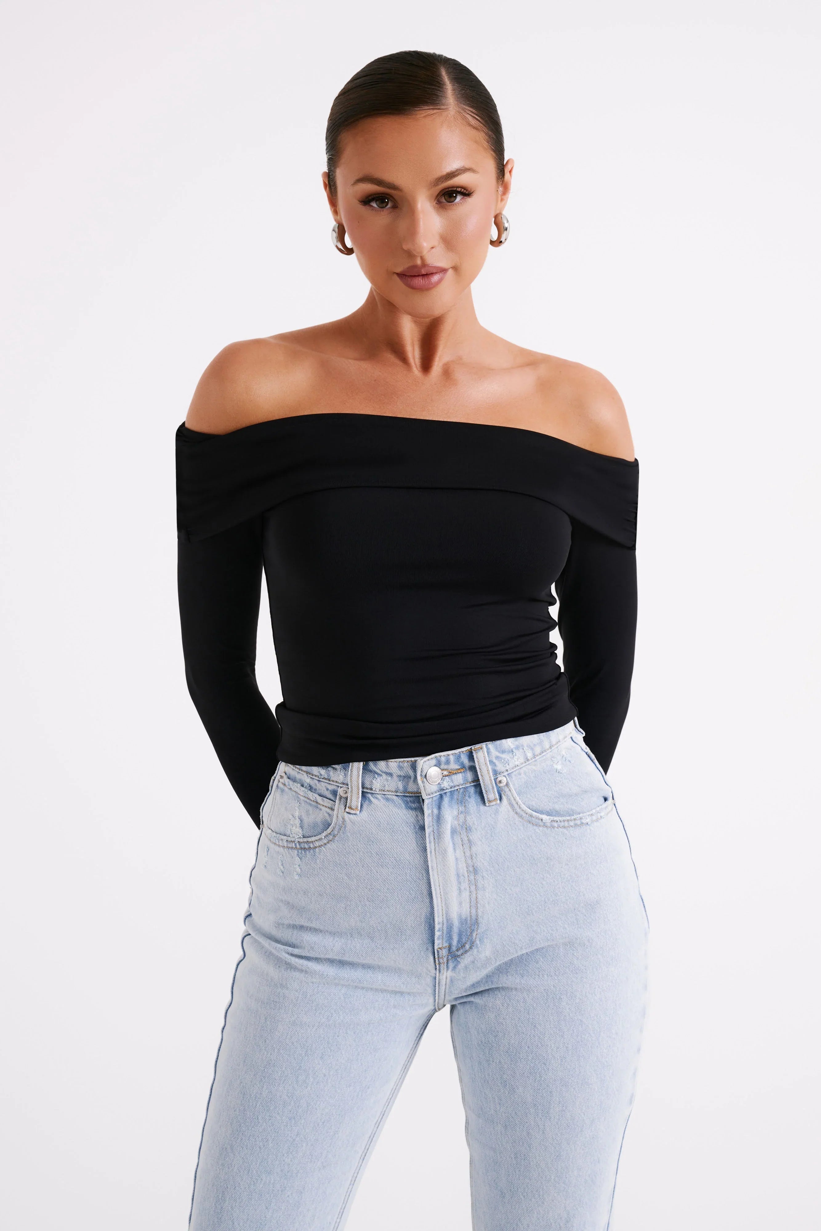 Lucinda Recycled Nylon Off Shoulder Top Black
