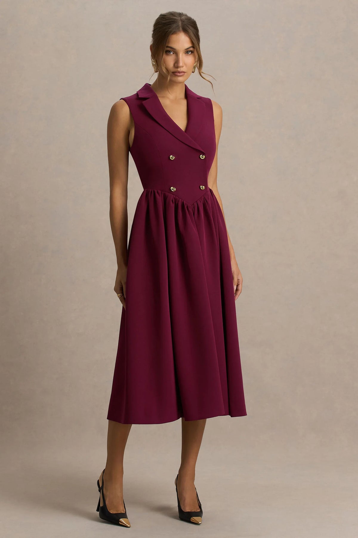 Lisa Burgundy Plunge Neck Tailored Midi Dress With Button Detailing
