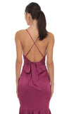 Satin Ruffle Fishtail Maxi Dress in Magenta