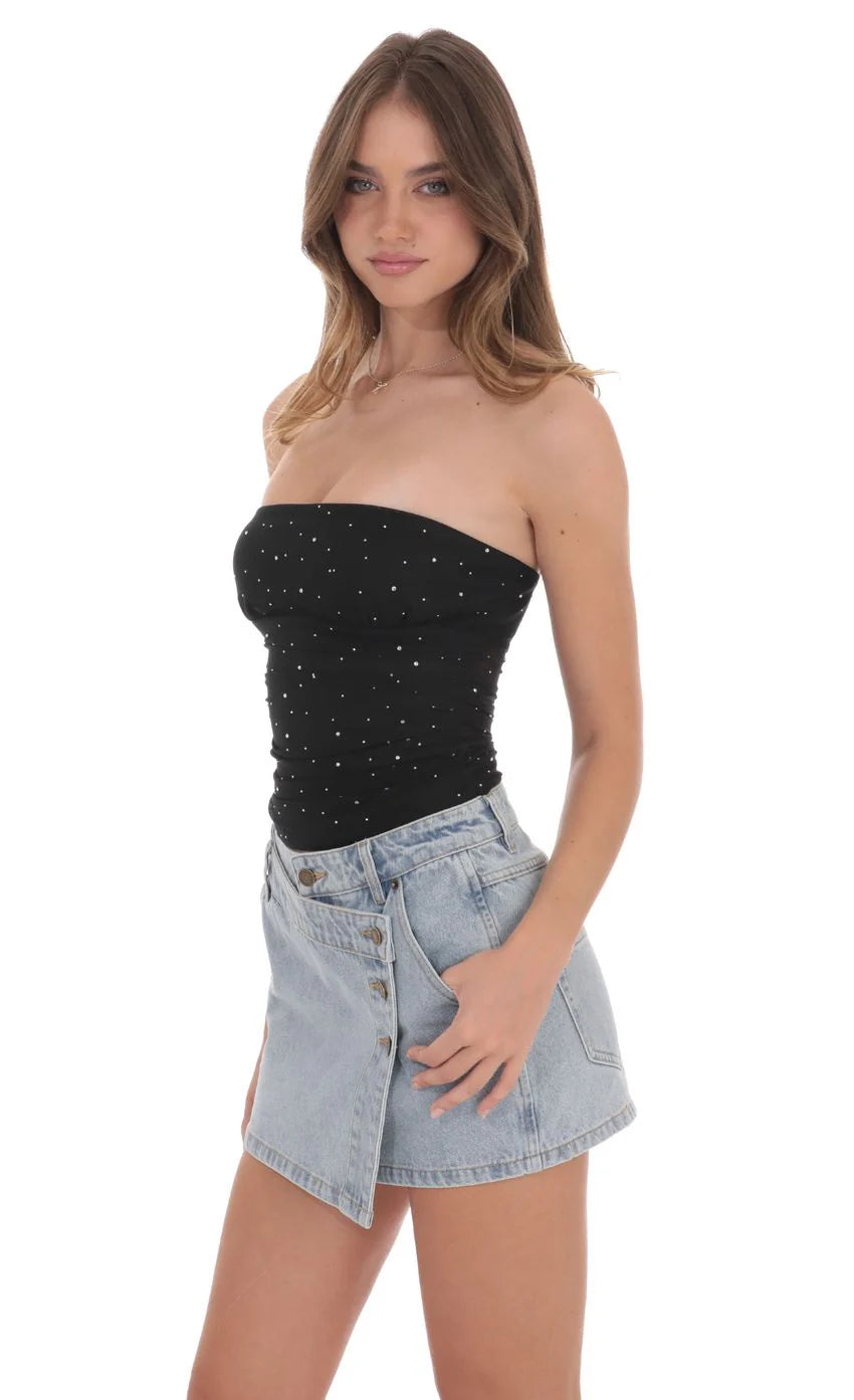 Overlap Button Denim Skirt in Light Blue