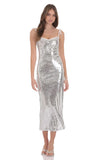 Sequin Shoulder Tie Maxi Dress in Silver
