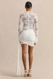 Milavia White Lace Crew Neck Mini Dress With Wrap Sash Detail